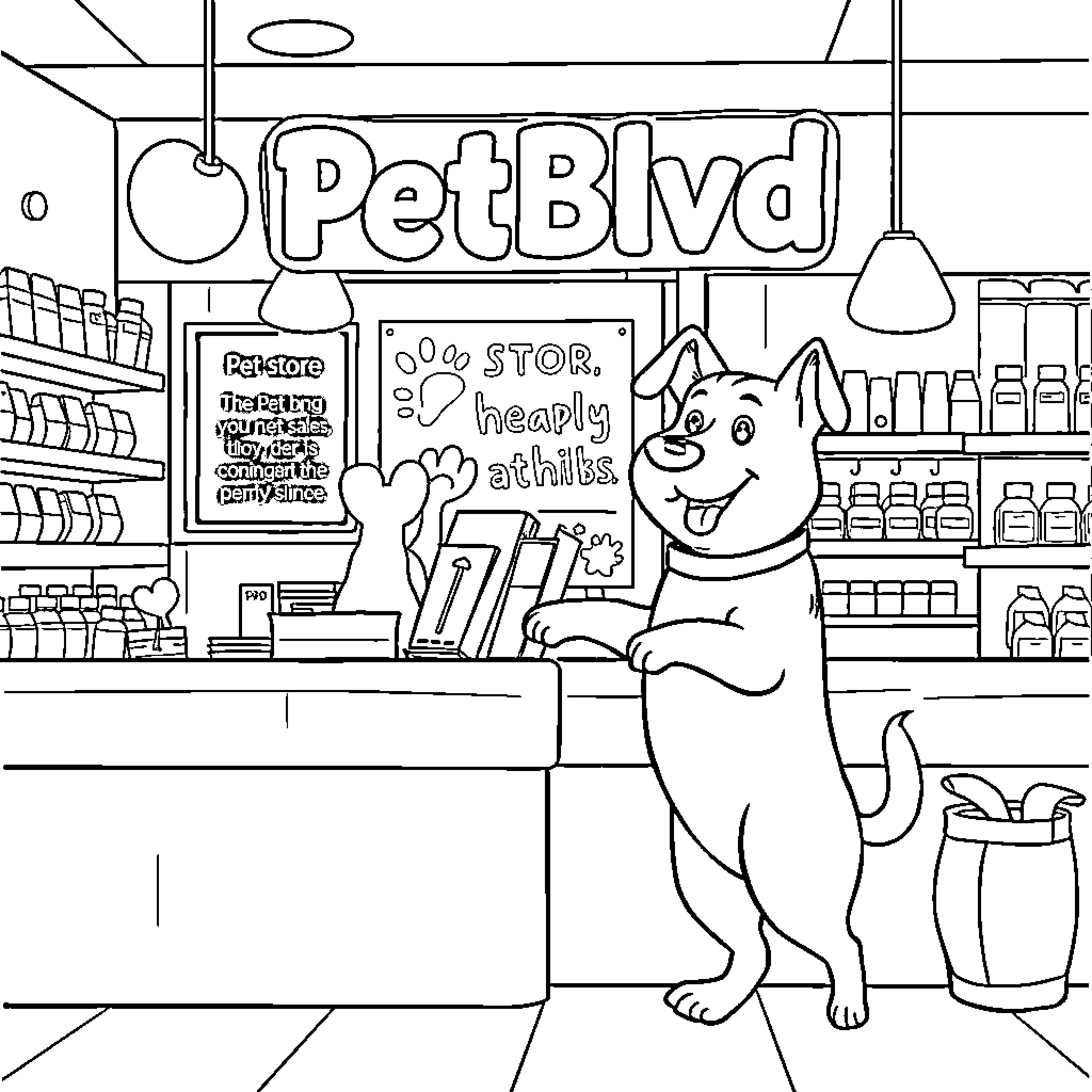 Dog happily shopping at the pet store Coloring Page (free black-and-white line drawing printable PDF for all, from beginners to advanced learners, including children, teens, adults, and seniors)