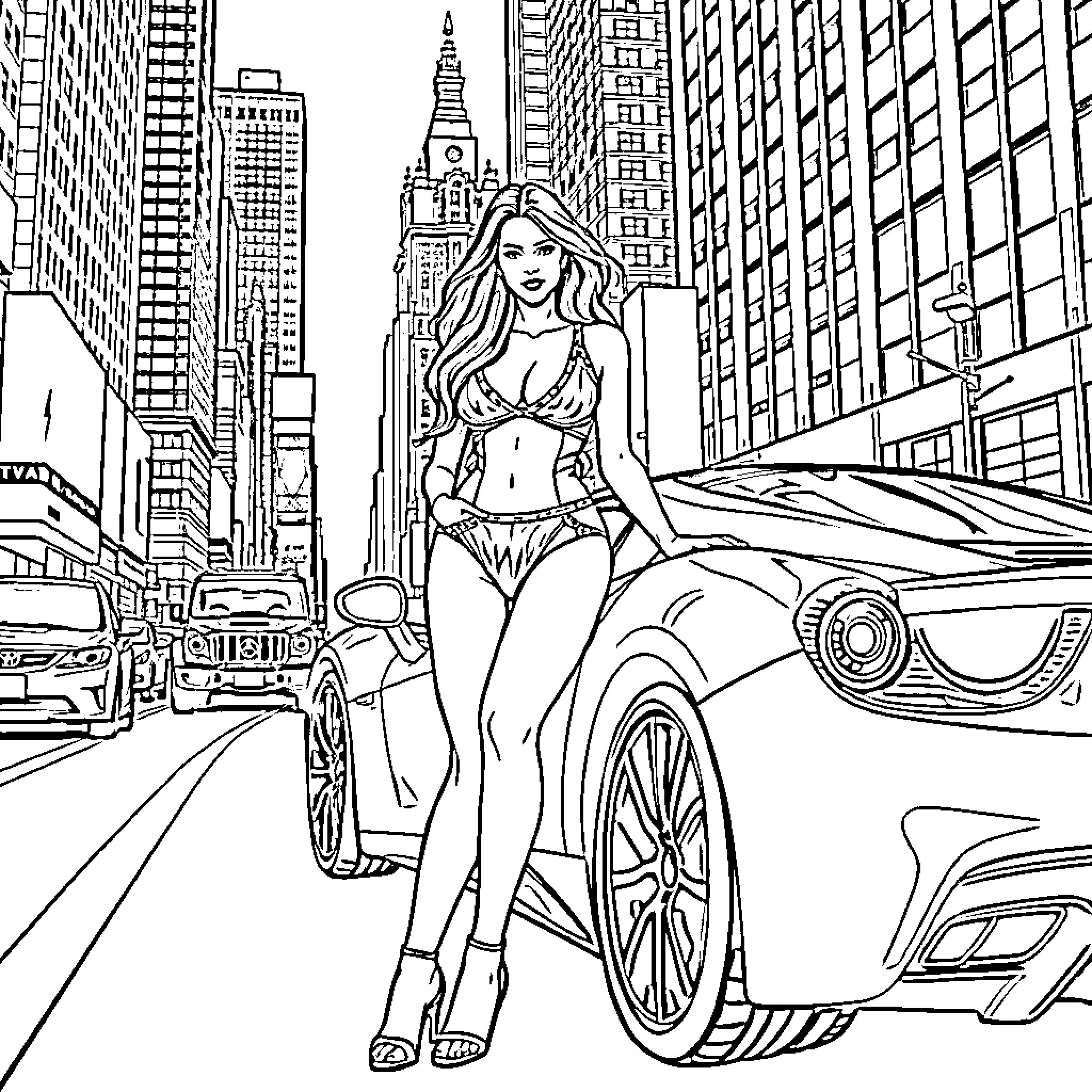 Adriana Lima posing confidently in Times Square Coloring Page (free black-and-white line drawing printable PDF for all, from beginners to advanced learners, including children, teens, adults, and seniors)