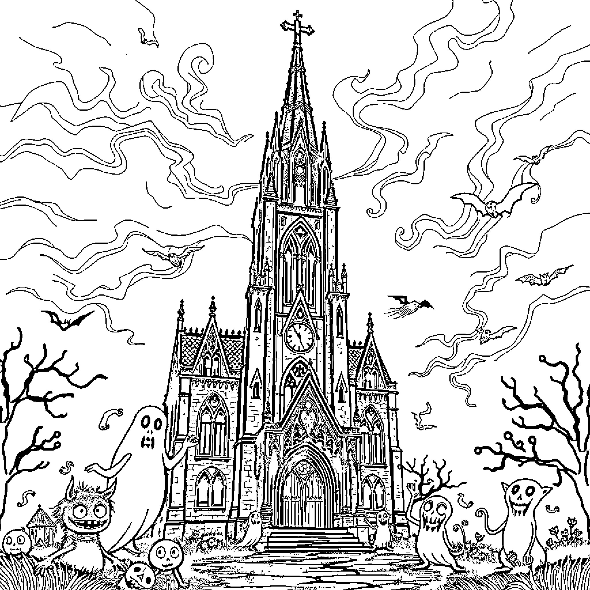 Church with Gothic architecture and spooky elements Coloring Page (free black-and-white line drawing printable PDF for all, from beginners to advanced learners, including children, teens, adults, and seniors)
