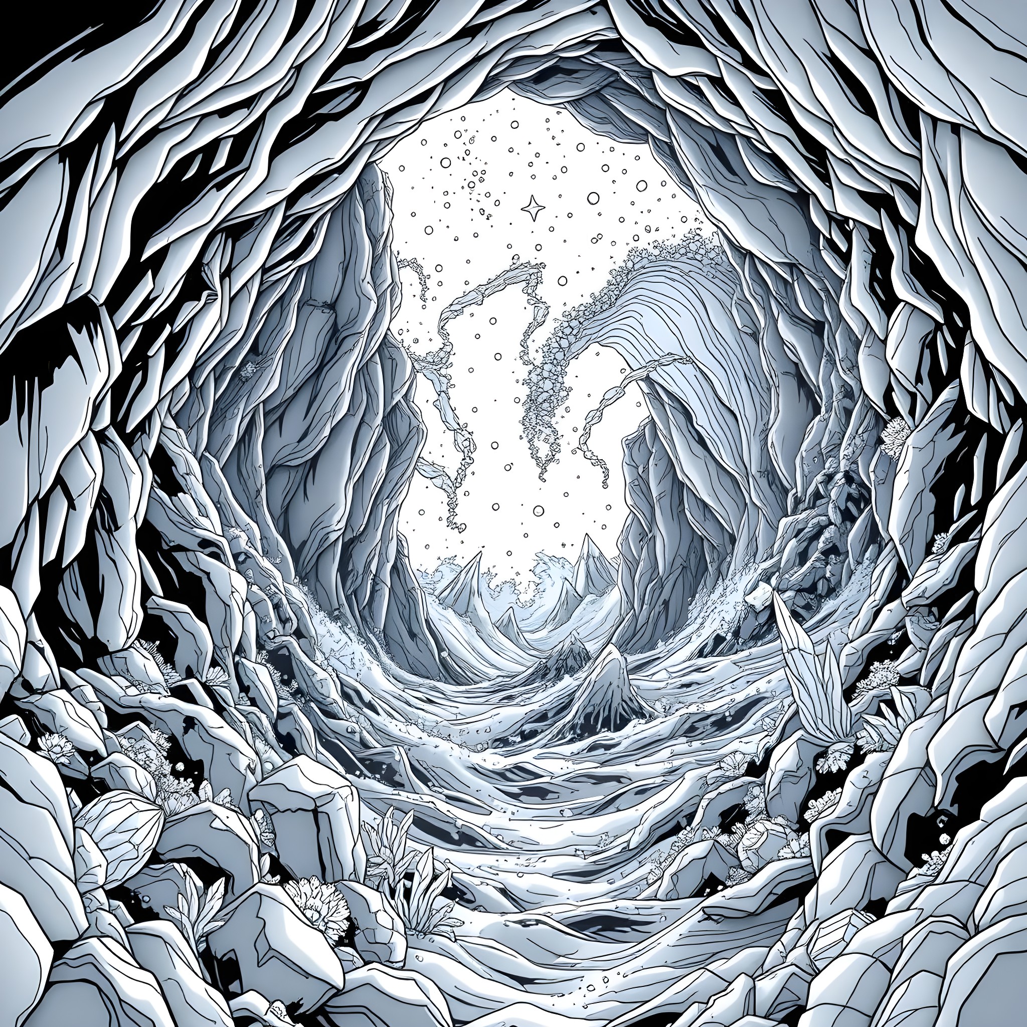 Ocean of Frozen Crystalline Wonders Coloring Page (free black-and-white line drawing printable PDF for all, from beginners to advanced learners, including children, teens, adults, and seniors)