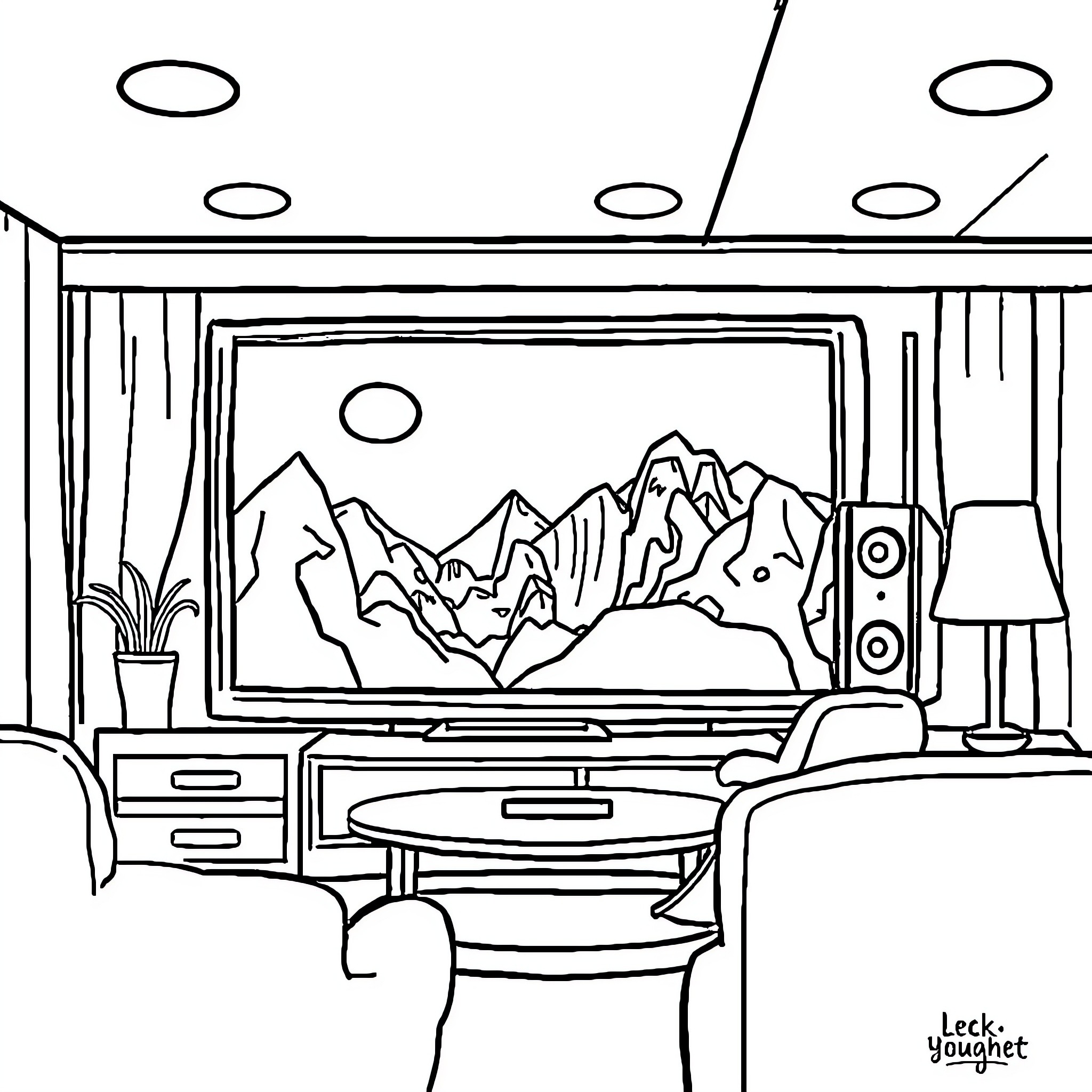 TV Show of Mountainous Landscape Displayed on Television Coloring Page (free black-and-white line drawing printable PDF for all, from beginners to advanced learners, including children, teens, adults, and seniors)