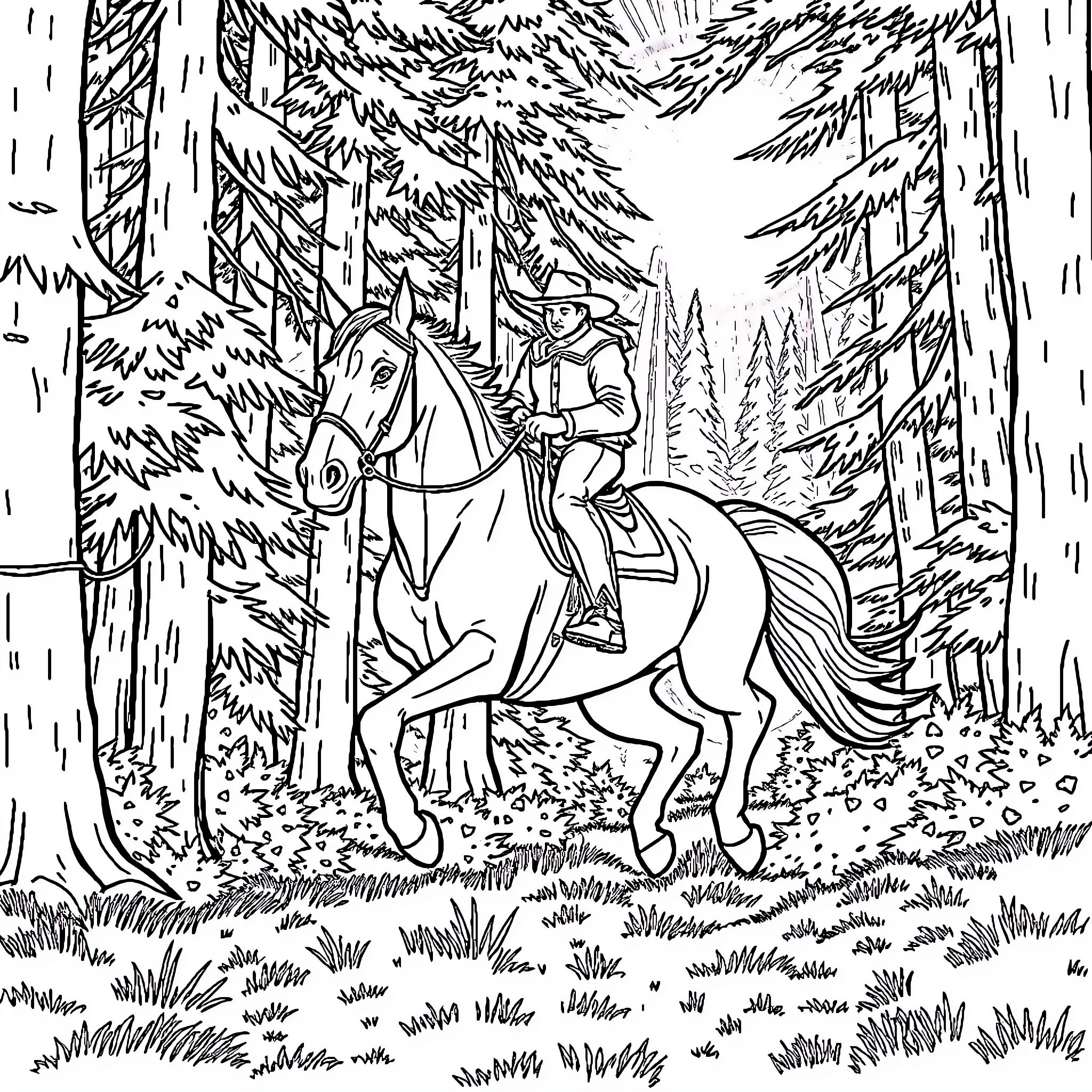 Horse and Rider Journeying Through the Forest Coloring Page (free black-and-white line drawing printable PDF for all, from beginners to advanced learners, including children, teens, adults, and seniors)