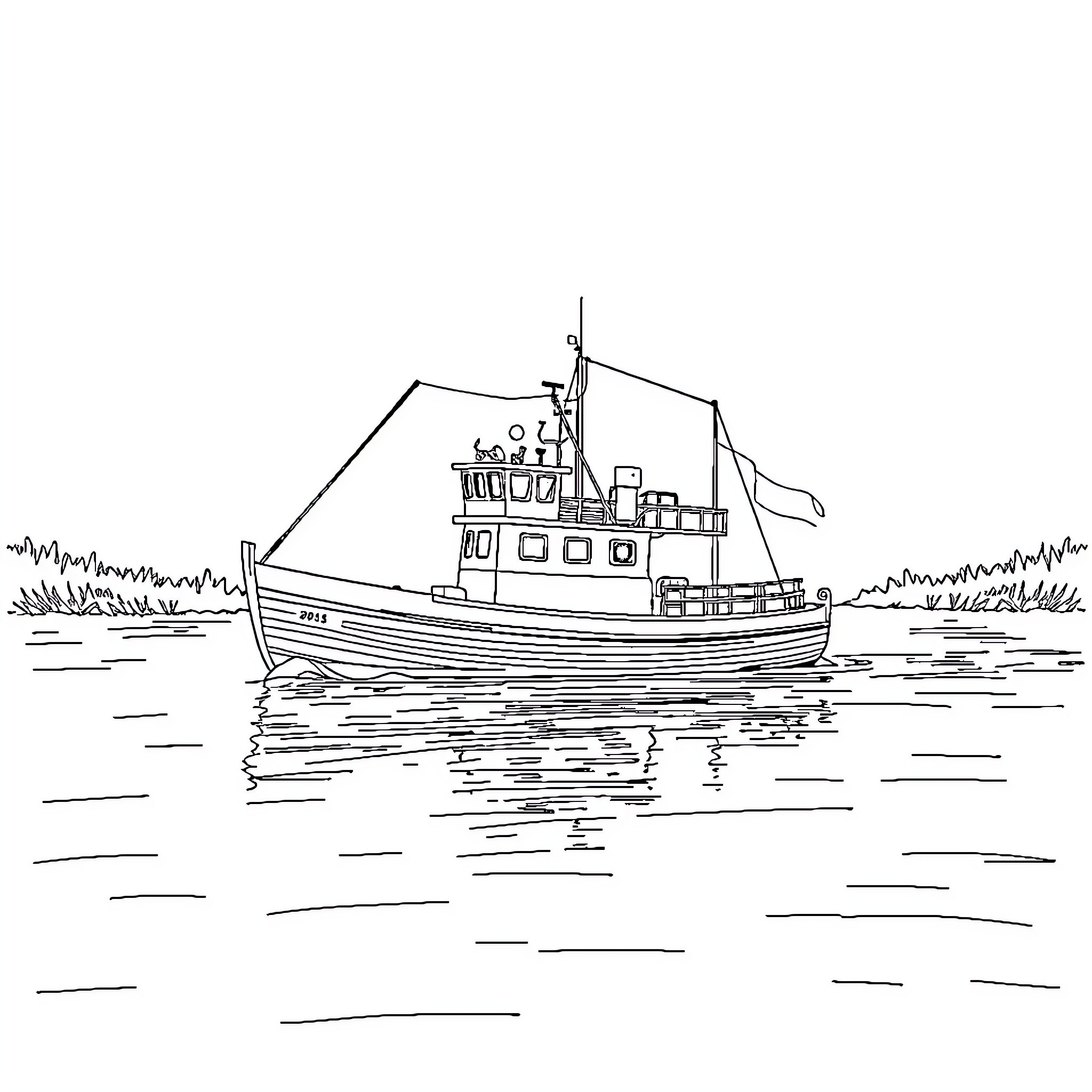 Chesapeake Bay Deadrise - Boat sailing on the water Coloring Page (free black-and-white line drawing printable PDF for all, from beginners to advanced learners, including children, teens, adults, and seniors)