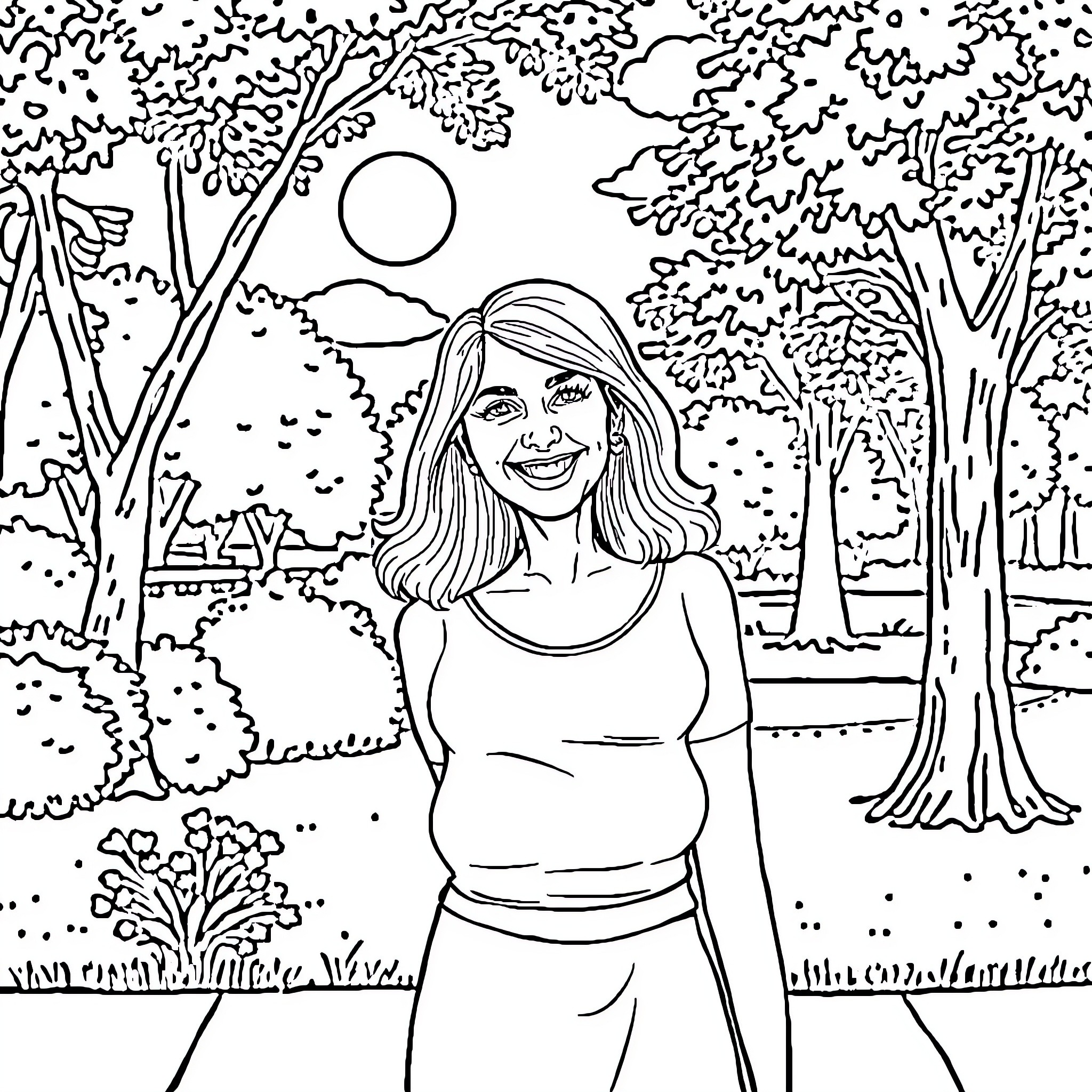Mary enjoying the peaceful nature scene Coloring Page (free black-and-white line drawing printable PDF for all, from beginners to advanced learners, including children, teens, adults, and seniors)