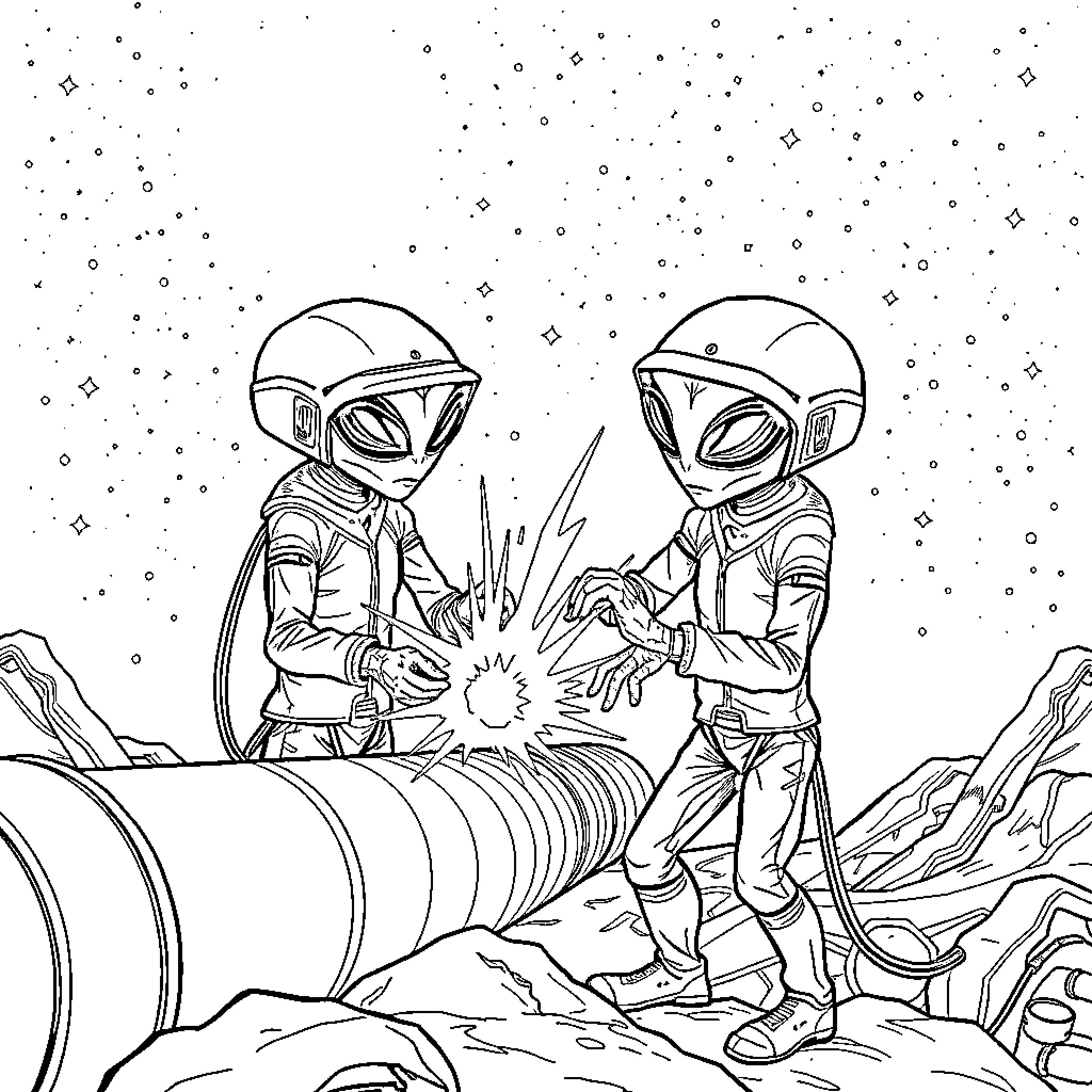 Alien astronauts repairing spacecraft in a starry night Coloring Page (free black-and-white line drawing printable PDF for all, from beginners to advanced learners, including children, teens, adults, and seniors)