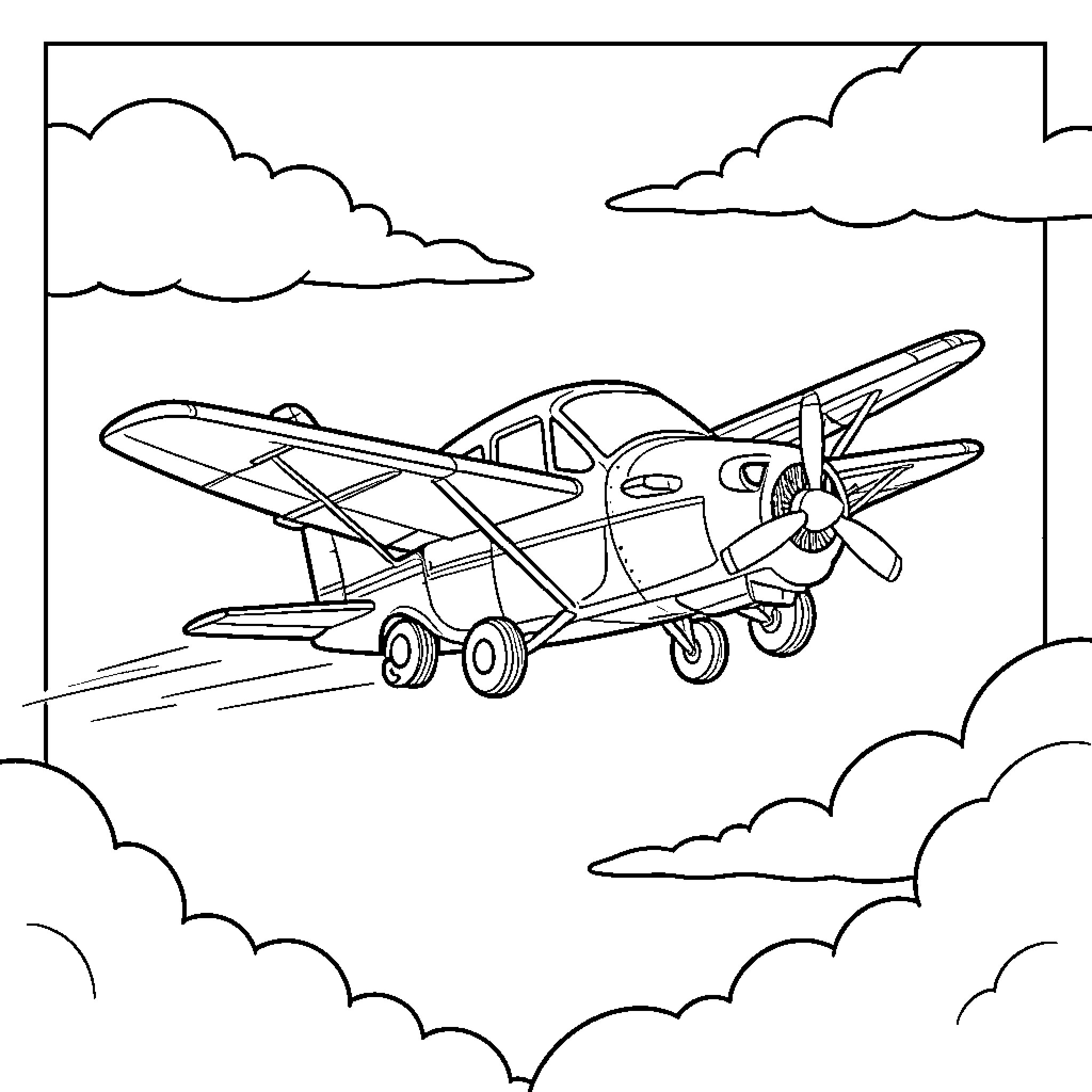 Flying Car Soaring through the Skies Coloring Page (free black-and-white line drawing printable PDF for all, from beginners to advanced learners, including children, teens, adults, and seniors)