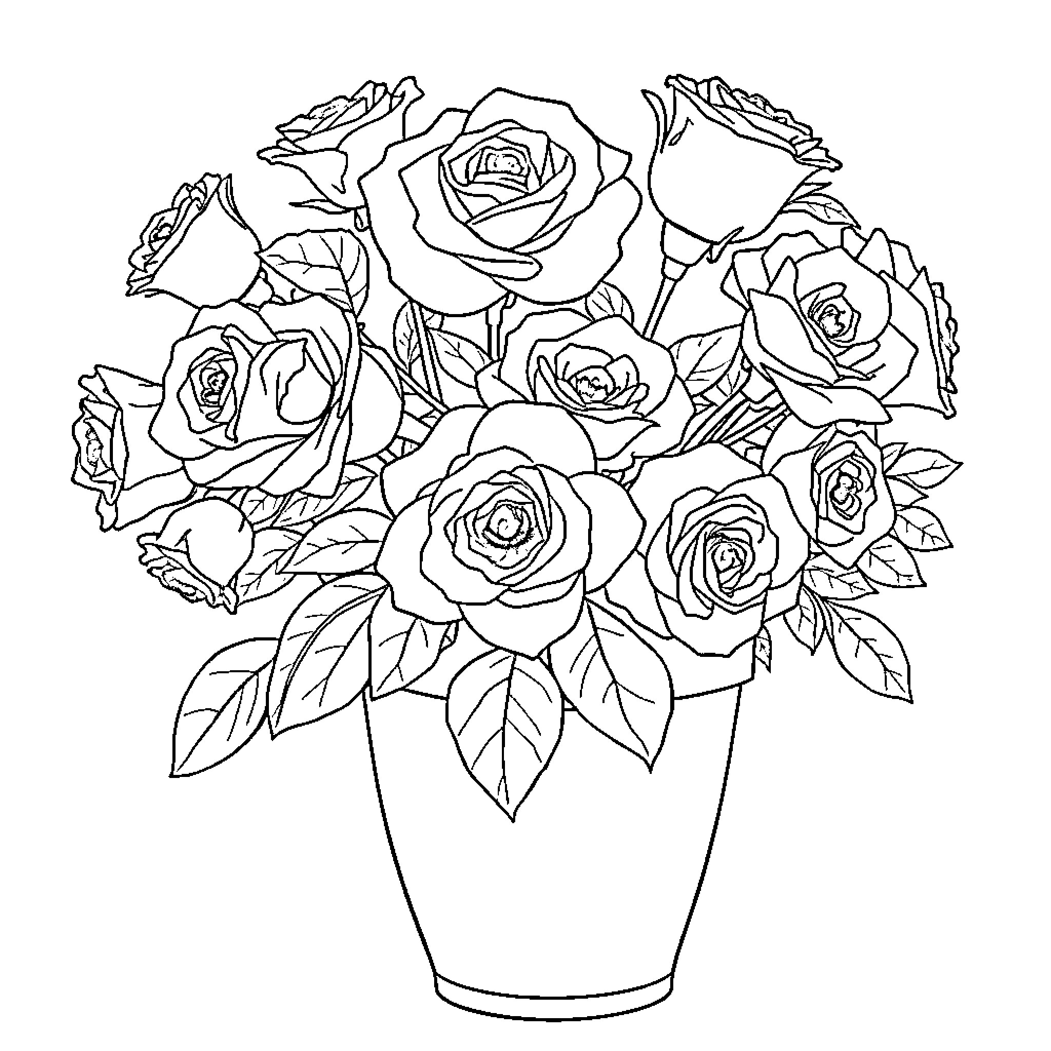 Rose bouquet in a vase Coloring Page (free black-and-white line drawing printable PDF for all, from beginners to advanced learners, including children, teens, adults, and seniors)