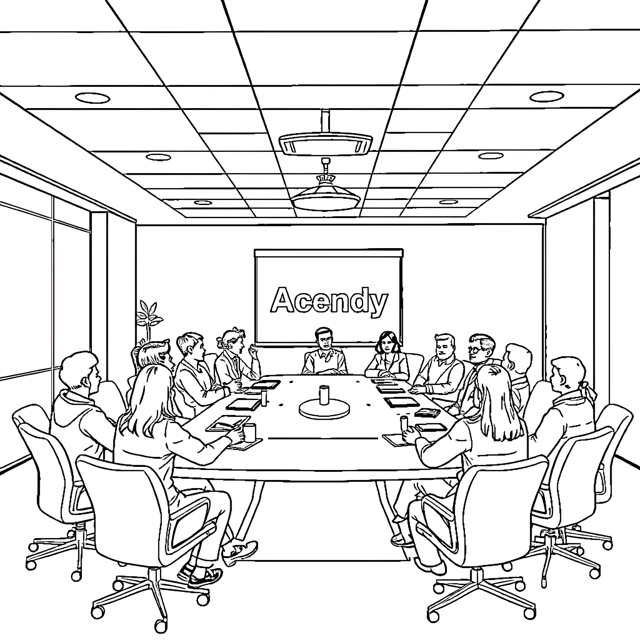 Hand Meeting in Corporate Conference Room Coloring Page (free black-and-white line drawing printable PDF for all, from beginners to advanced learners, including children, teens, adults, and seniors)