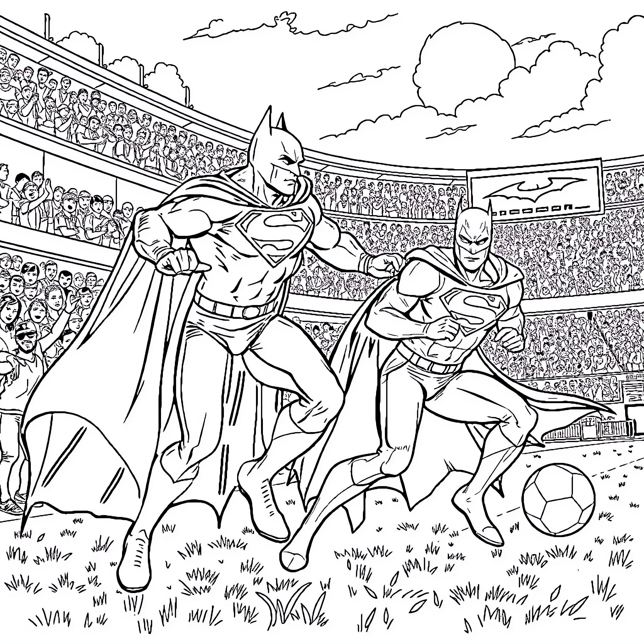 Superman and Batman in Epic Stadium Showdown Coloring Page (free black-and-white line drawing printable PDF for all, from beginners to advanced learners, including children, teens, adults, and seniors)
