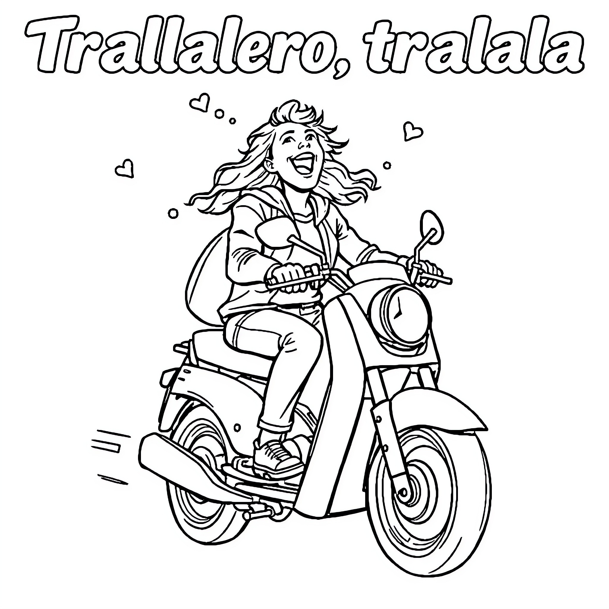 Moto rider cheering happily on motorcycle Coloring Page (free black-and-white line drawing printable PDF for all, from beginners to advanced learners, including children, teens, adults, and seniors)