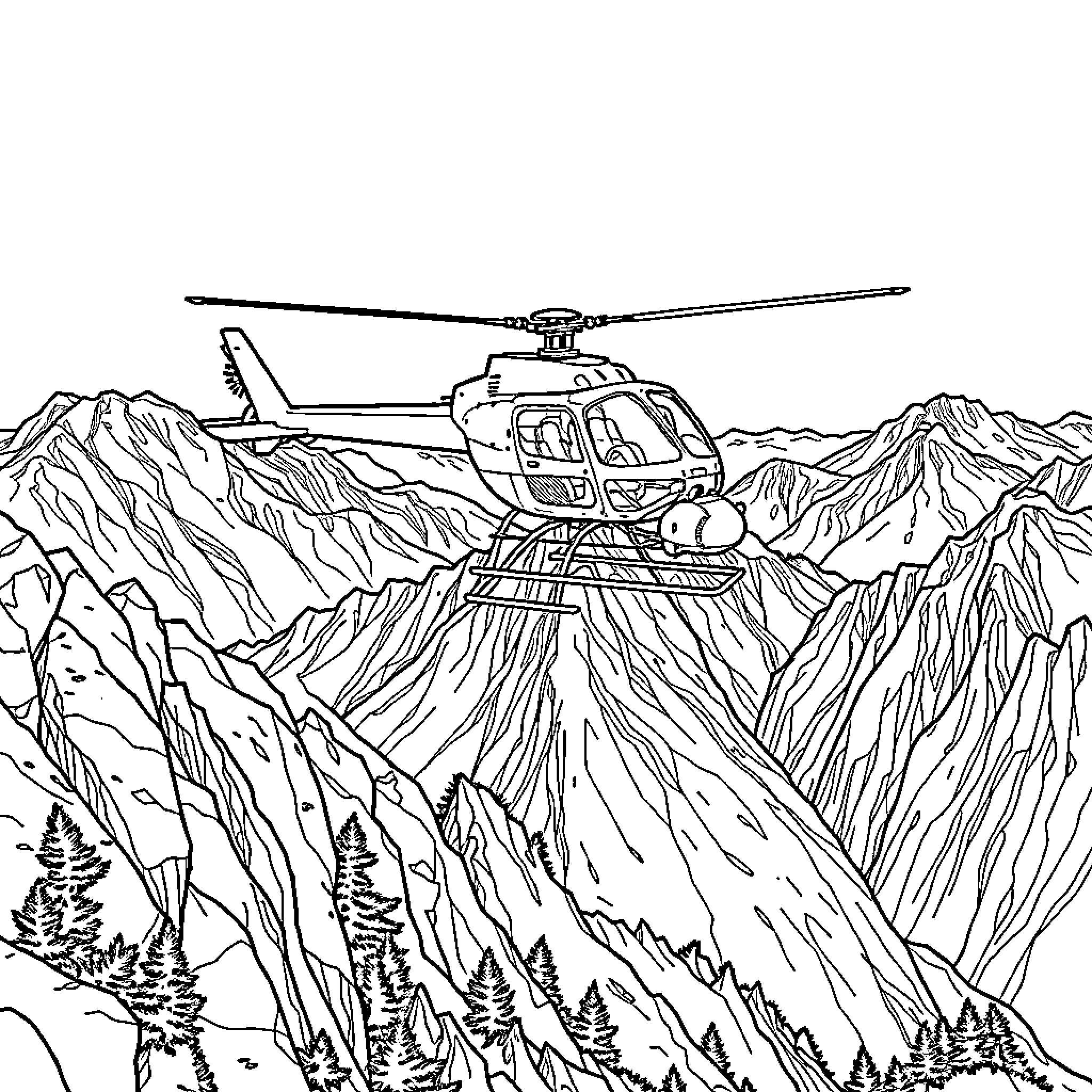 MH60R Helicopter Flying Over Rugged Mountain Terrain Coloring Page (free black-and-white line drawing printable PDF for all, from beginners to advanced learners, including children, teens, adults, and seniors)