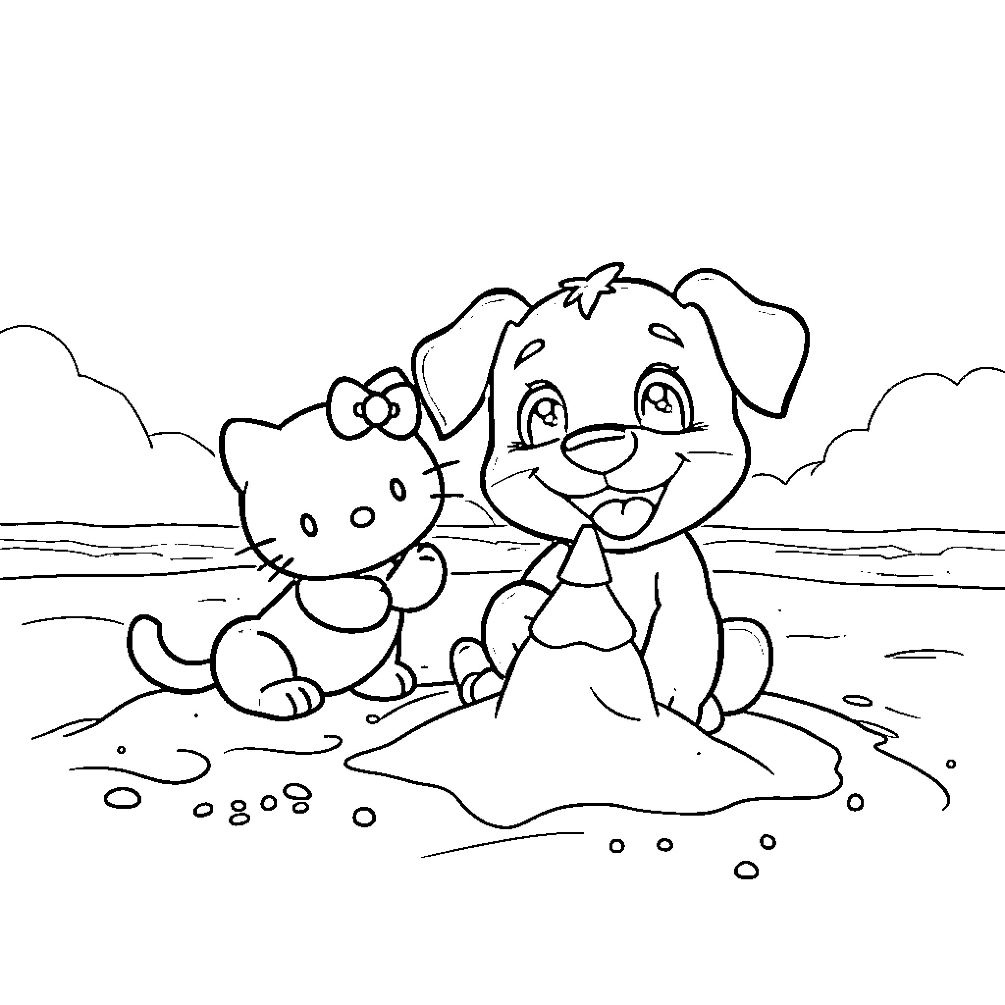 Bluey and Bingo playing together on the beach Coloring Page (free black-and-white line drawing printable PDF for all, from beginners to advanced learners, including children, teens, adults, and seniors)