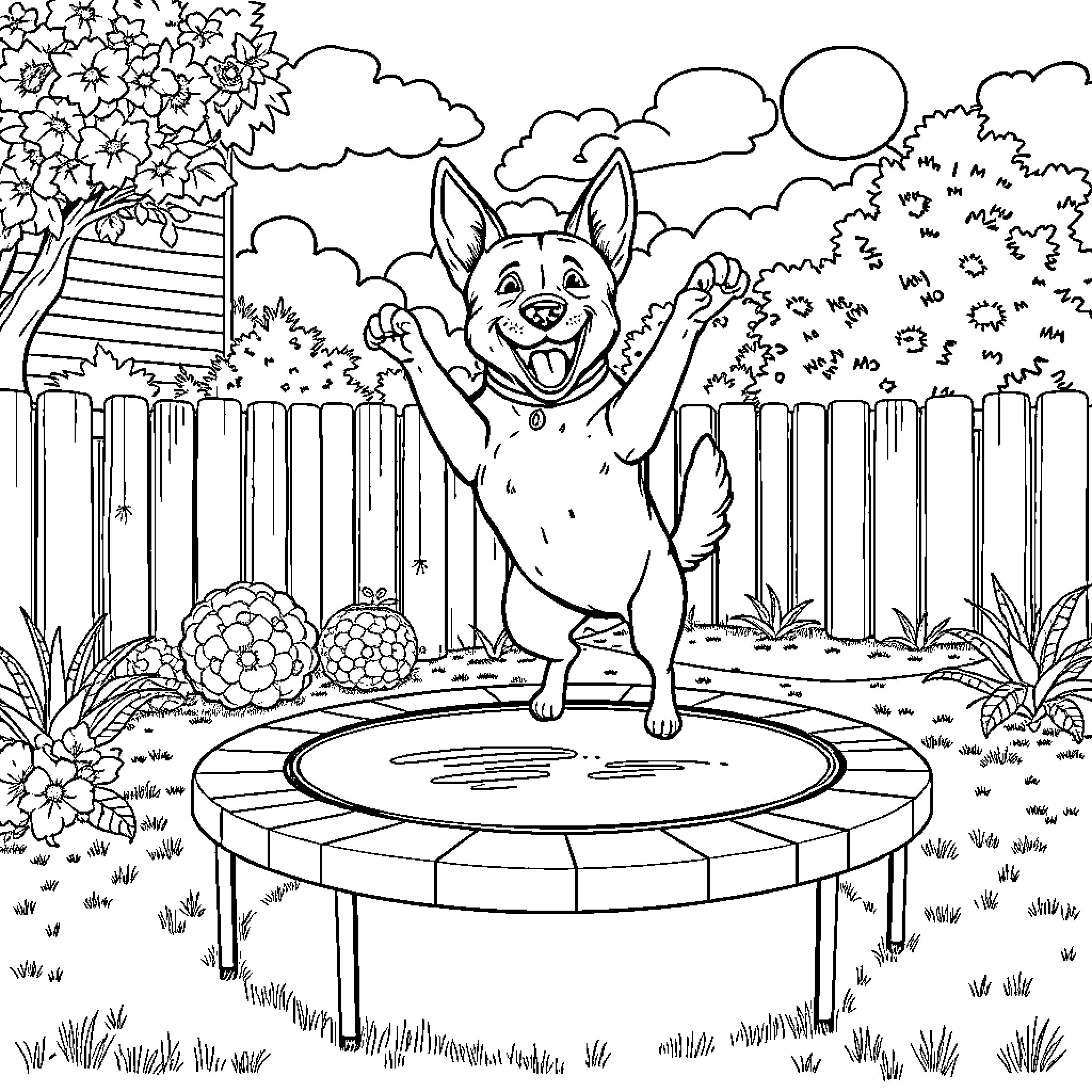 Dog Jumping Joyfully on Trampoline in Backyard Coloring Page (free black-and-white line drawing printable PDF for all, from beginners to advanced learners, including children, teens, adults, and seniors)