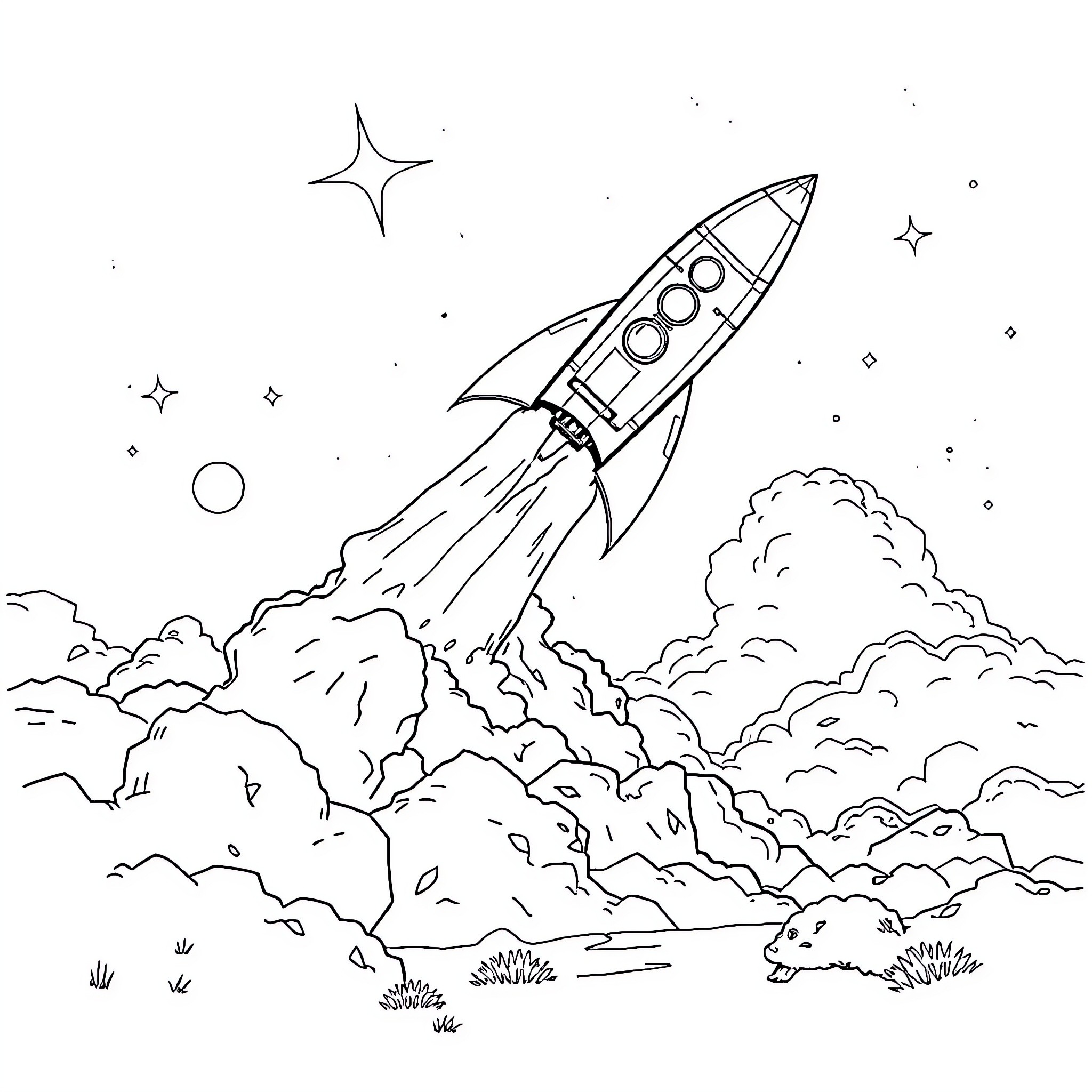 Starship blasting off into the cosmos Coloring Page (free black-and-white line drawing printable PDF for all, from beginners to advanced learners, including children, teens, adults, and seniors)