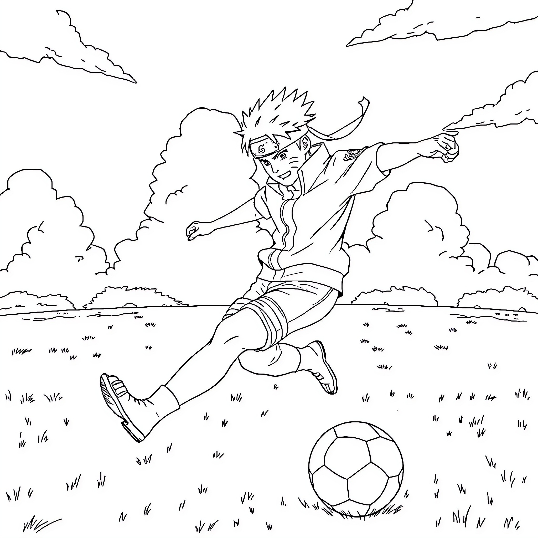 Naruto playing soccer energetically on the field Coloring Page (free black-and-white line drawing printable PDF for all, from beginners to advanced learners, including children, teens, adults, and seniors)