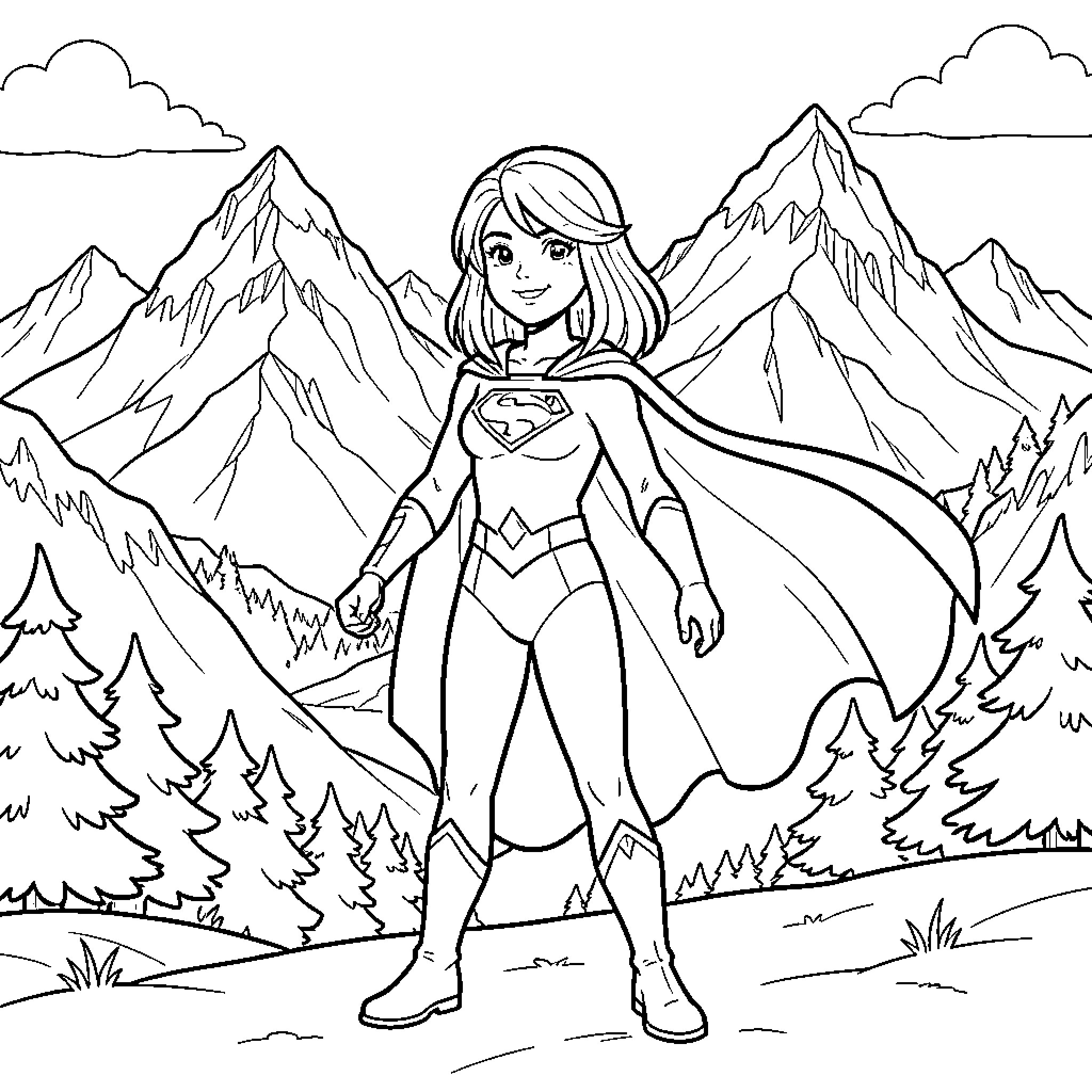 Heidi, the Superhero Girl, in the Mountains Coloring Page (free black-and-white line drawing printable PDF for all, from beginners to advanced learners, including children, teens, adults, and seniors)