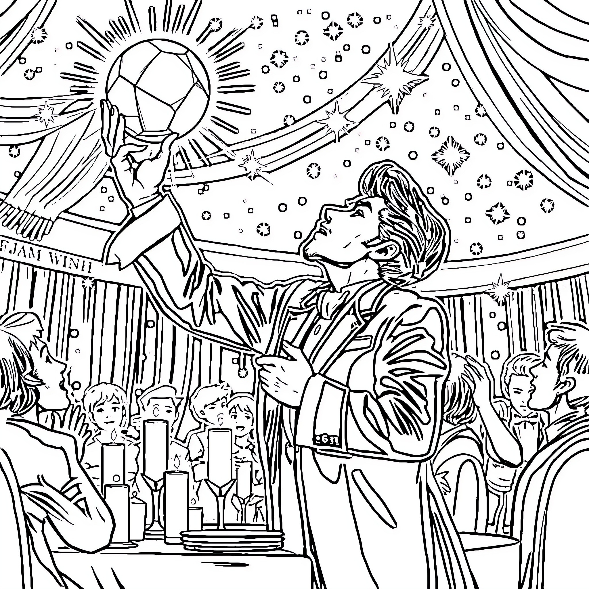 Pallone d'Oro: Celebration and Adoration Coloring Page (free black-and-white line drawing printable PDF for all, from beginners to advanced learners, including children, teens, adults, and seniors)