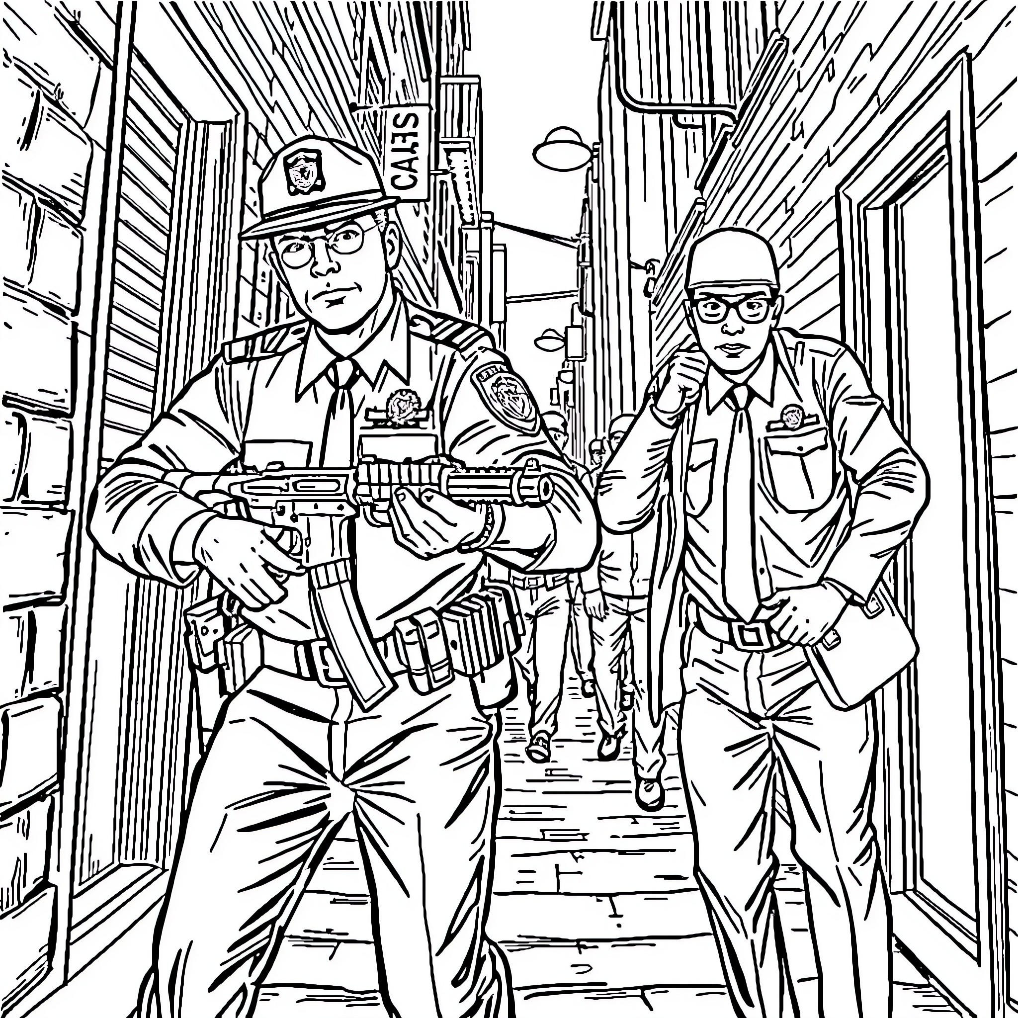 Police officers on patrol in urban alley Coloring Page (free black-and-white line drawing printable PDF for all, from beginners to advanced learners, including children, teens, adults, and seniors)