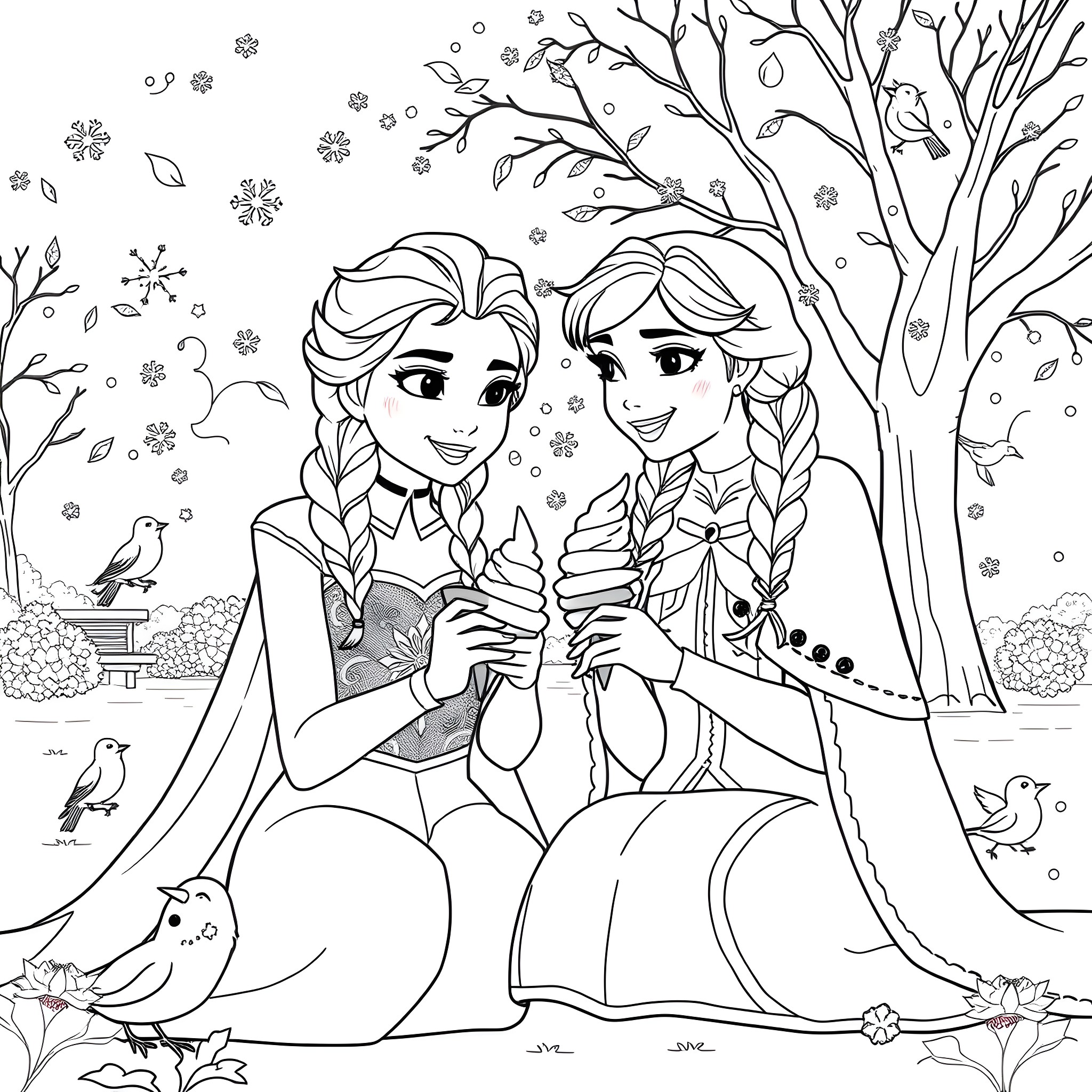 Elsa and Anna enjoying the winter wonderland Coloring Page (free black-and-white line drawing printable PDF for all, from beginners to advanced learners, including children, teens, adults, and seniors)