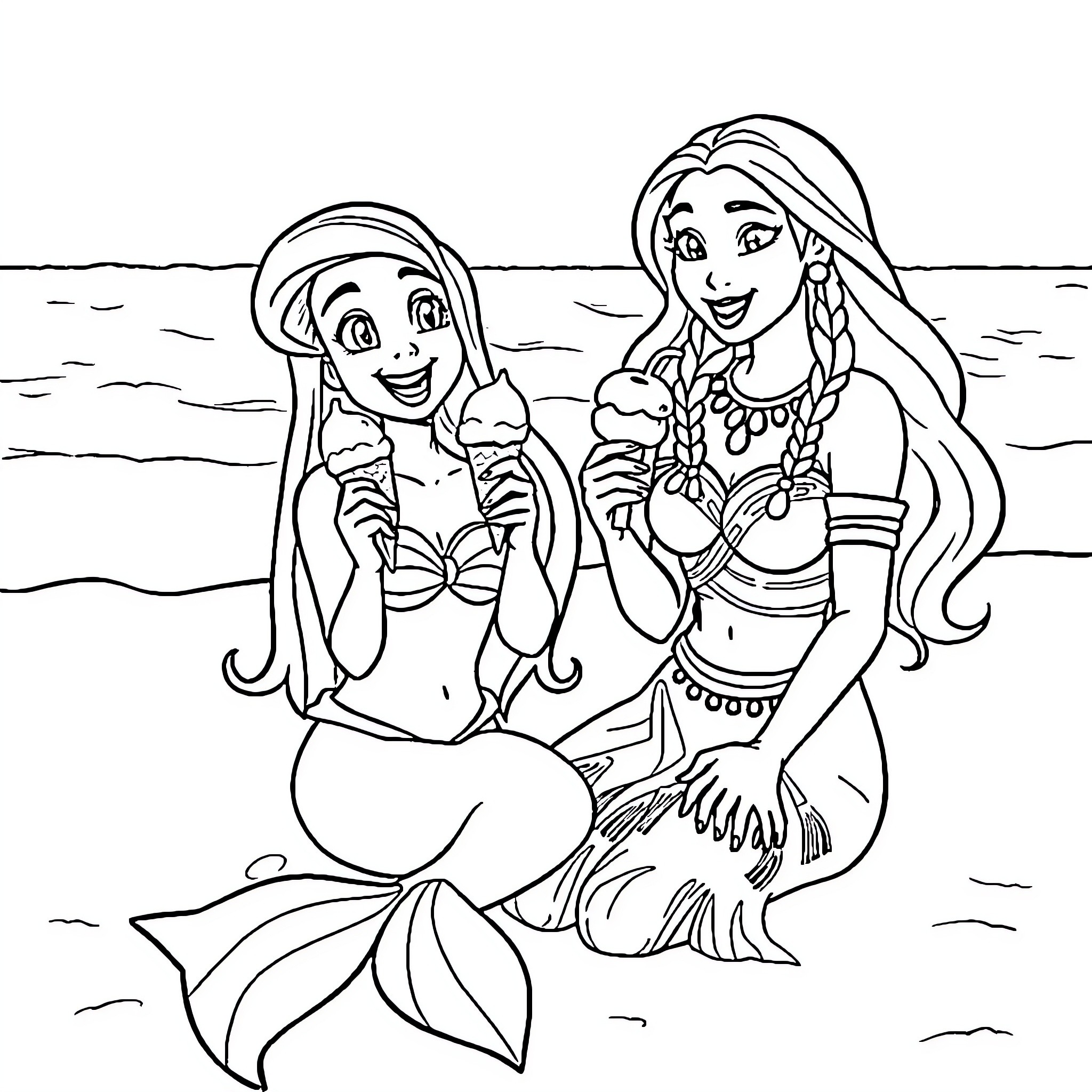 Ariel and Ursula enjoying ice cream on the beach Coloring Page (free black-and-white line drawing printable PDF for all, from beginners to advanced learners, including children, teens, adults, and seniors)