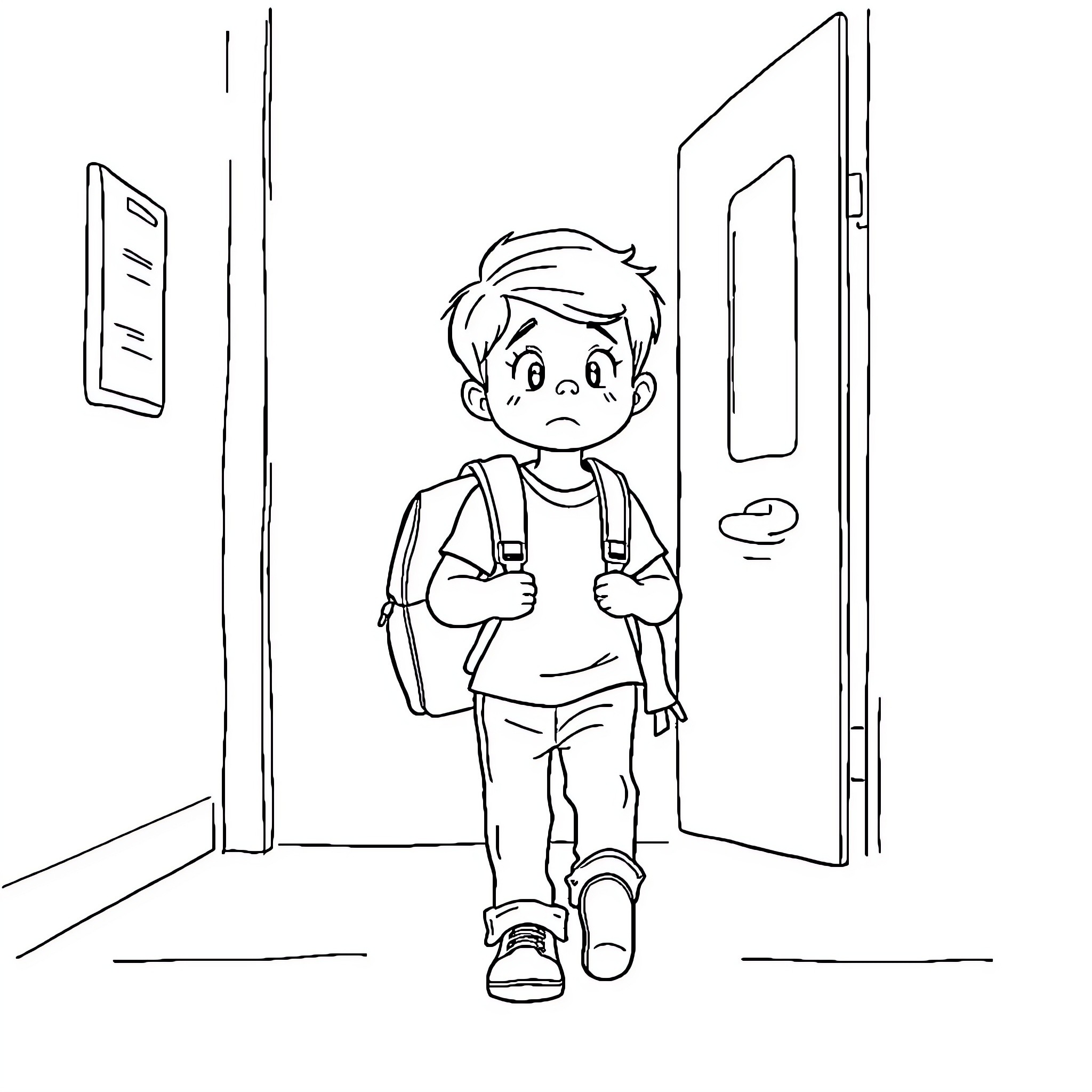 School boy with sad expression entering classroom Coloring Page (free black-and-white line drawing printable PDF for all, from beginners to advanced learners, including children, teens, adults, and seniors)