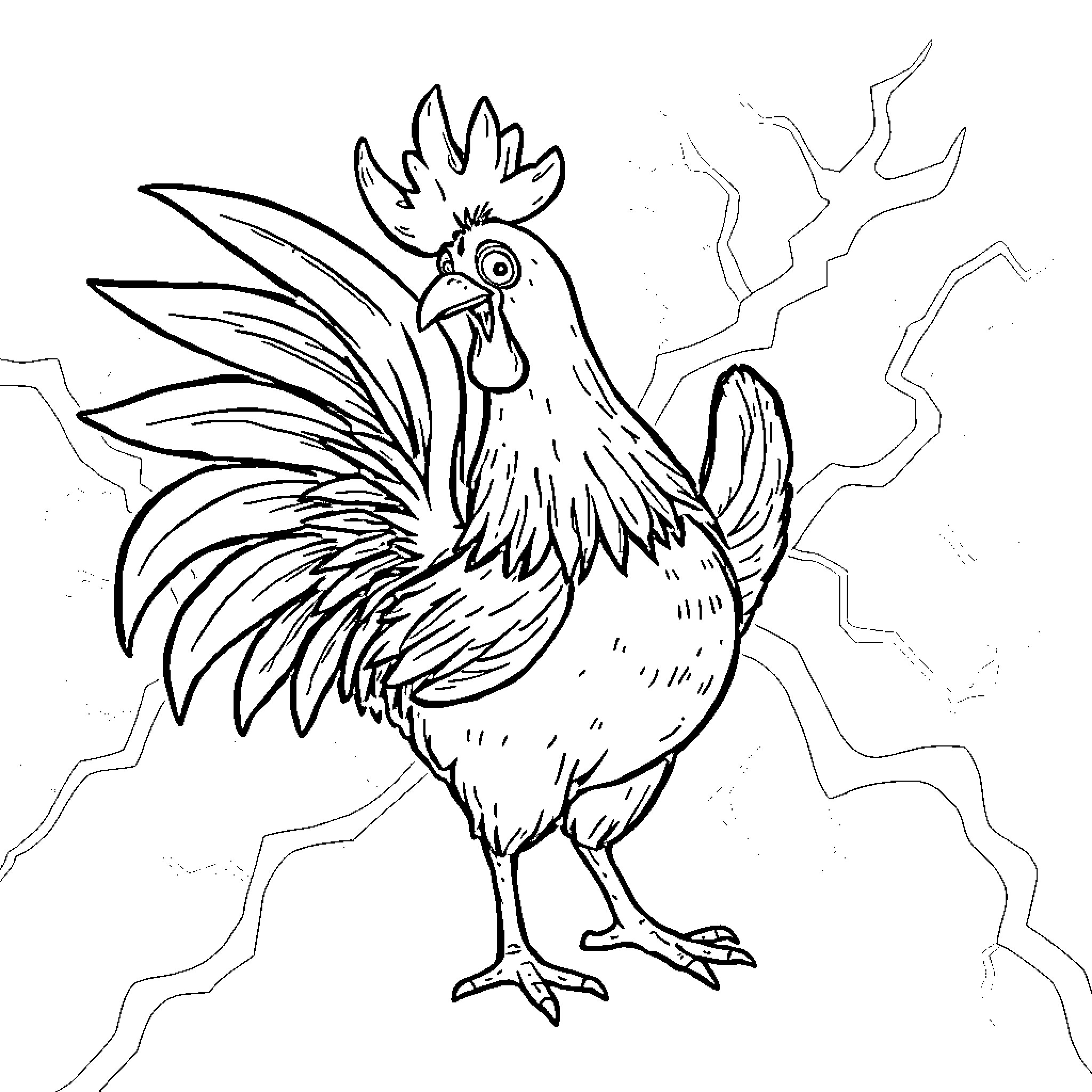 Thunder Chicken Boldly Strutting in the Storm Coloring Page (free black-and-white line drawing printable PDF for all, from beginners to advanced learners, including children, teens, adults, and seniors)