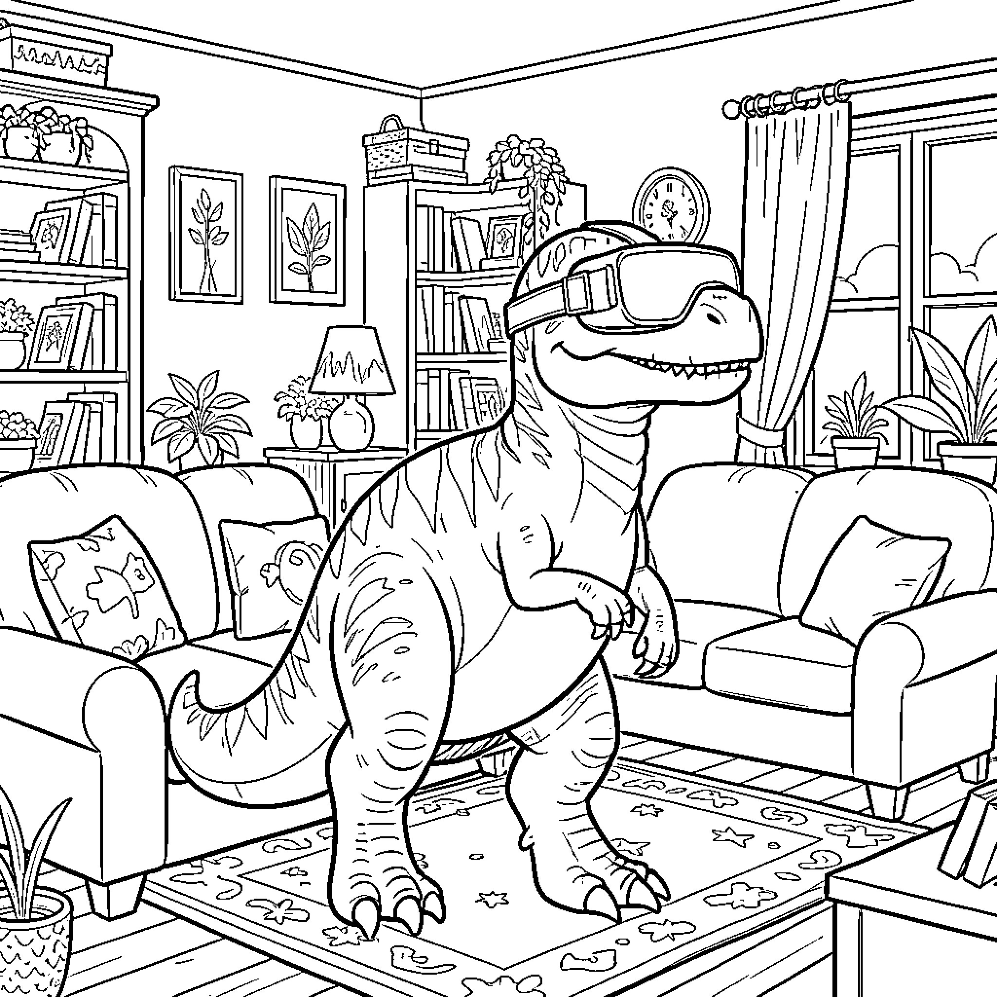 Dinosaur wearing virtual reality headset in a living room Coloring Page (free black-and-white line drawing printable PDF for all, from beginners to advanced learners, including children, teens, adults, and seniors)