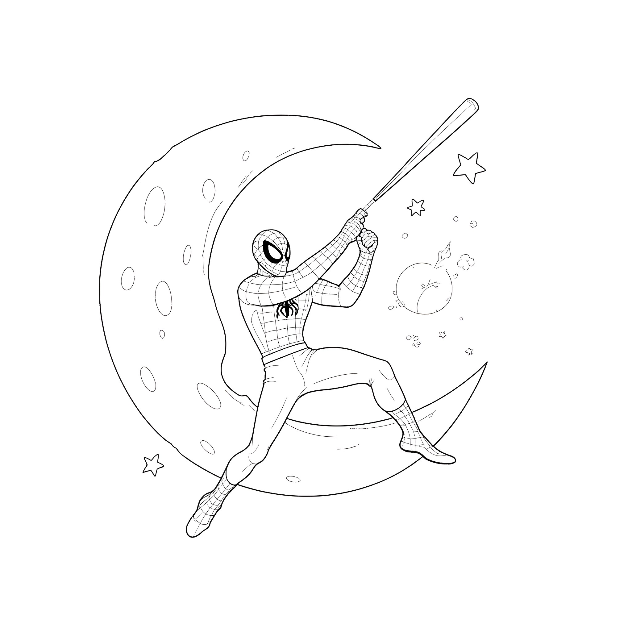 Spiderman swinging on the crescent moon with stars Coloring Page (free black-and-white line drawing printable PDF for all, from beginners to advanced learners, including children, teens, adults, and seniors)