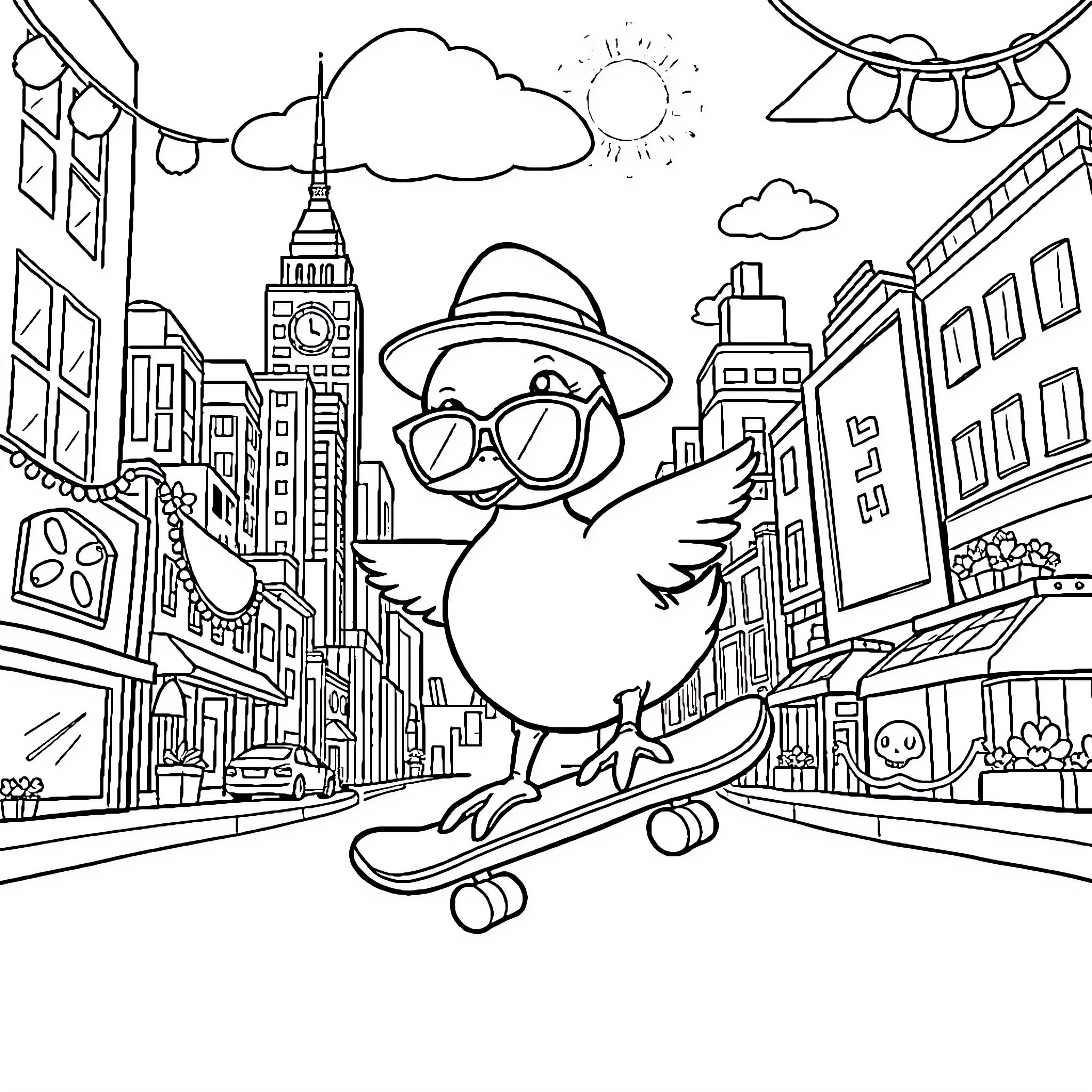 Duck exploring the city on a skateboard Coloring Page (free black-and-white line drawing printable PDF for all, from beginners to advanced learners, including children, teens, adults, and seniors)