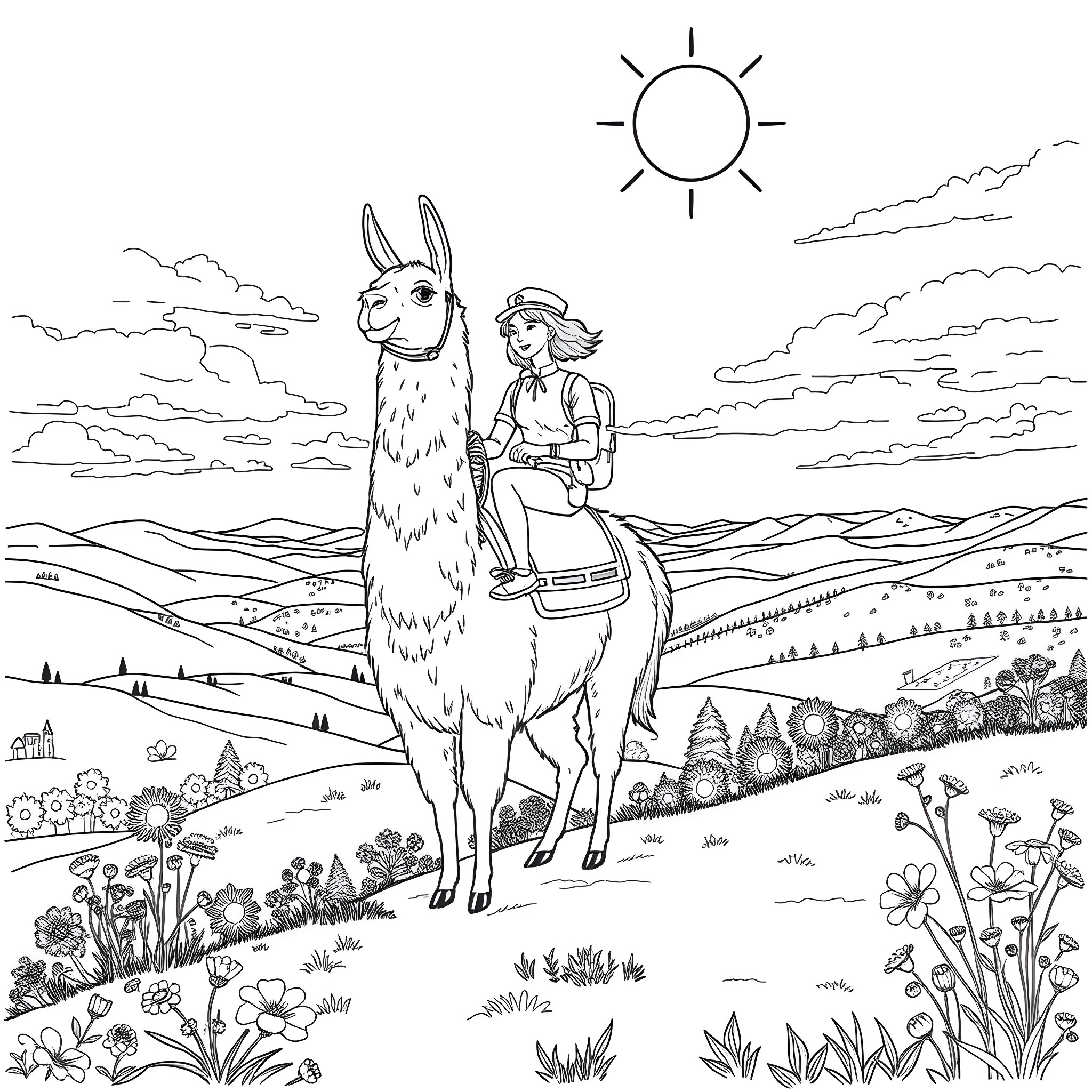 Kier Starker exploring the countryside with a friendly llama Coloring Page (free black-and-white line drawing printable PDF for all, from beginners to advanced learners, including children, teens, adults, and seniors)