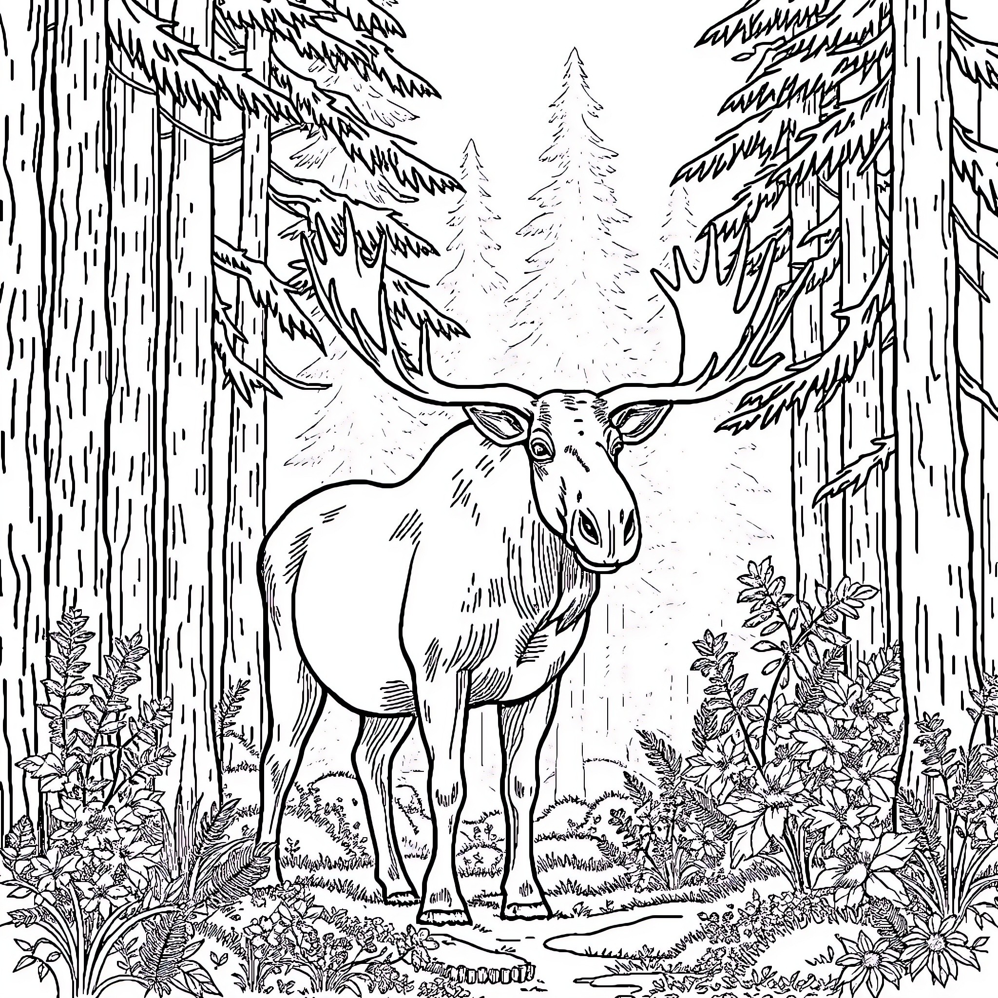 Moose standing tall in the serene forest landscape Coloring Page (free black-and-white line drawing printable PDF for all, from beginners to advanced learners, including children, teens, adults, and seniors)