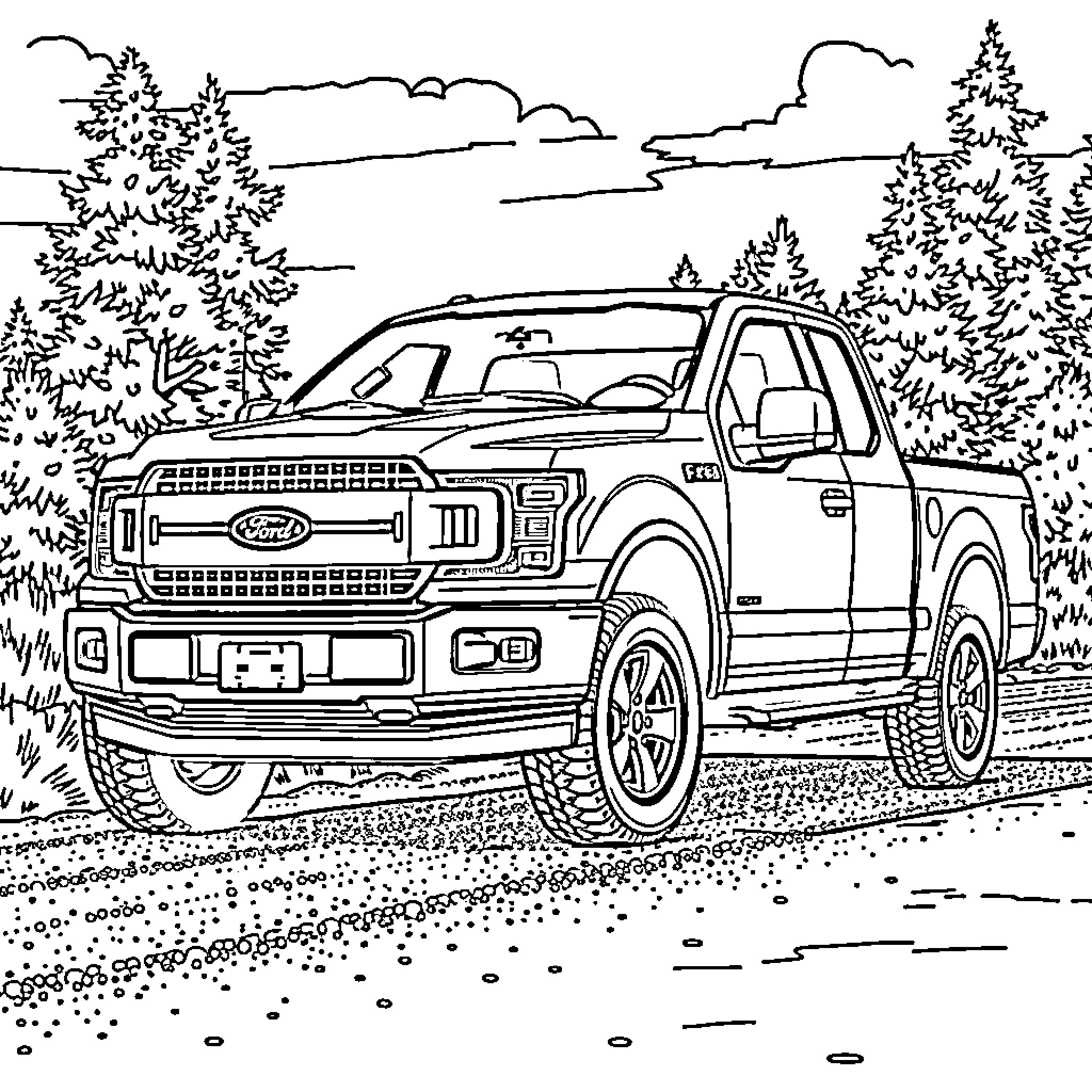 F-150 truck in scenic forest landscape Coloring Page (free black-and-white line drawing printable PDF for all, from beginners to advanced learners, including children, teens, adults, and seniors)