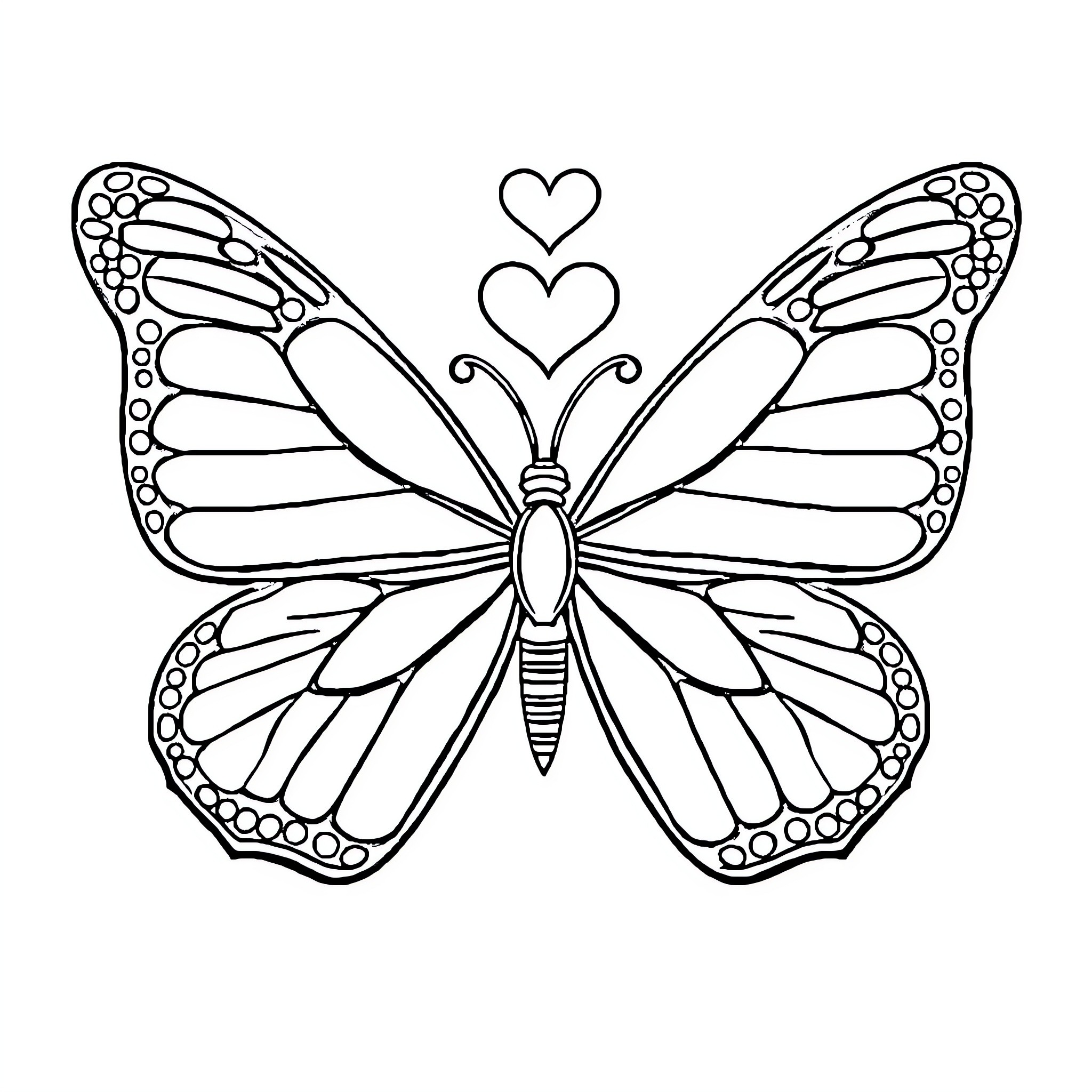 Butterfly with hearts decorating its wings Coloring Page (free black-and-white line drawing printable PDF for all, from beginners to advanced learners, including children, teens, adults, and seniors)