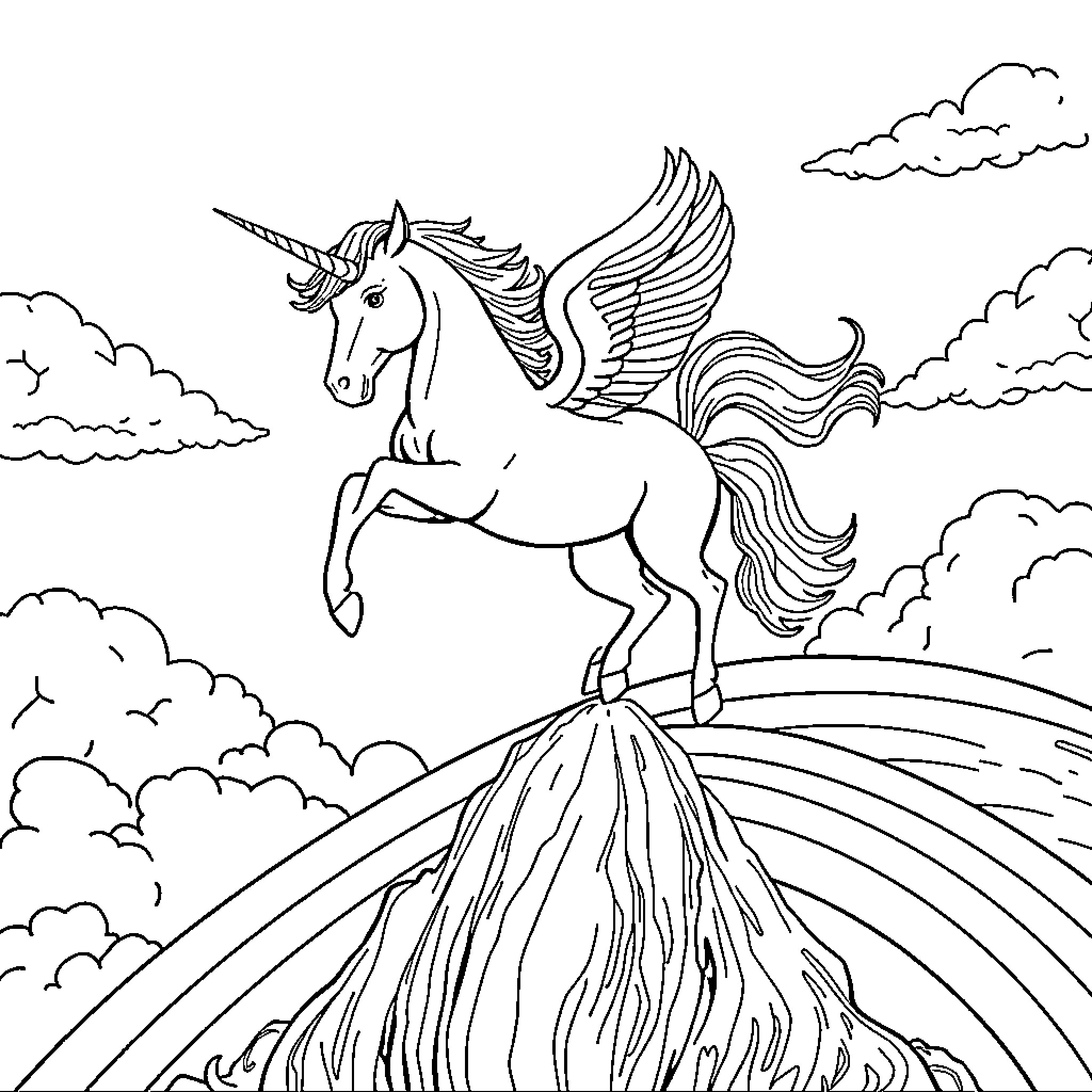 Unicorn soaring majestically amidst clouds Coloring Page (free black-and-white line drawing printable PDF for all, from beginners to advanced learners, including children, teens, adults, and seniors)