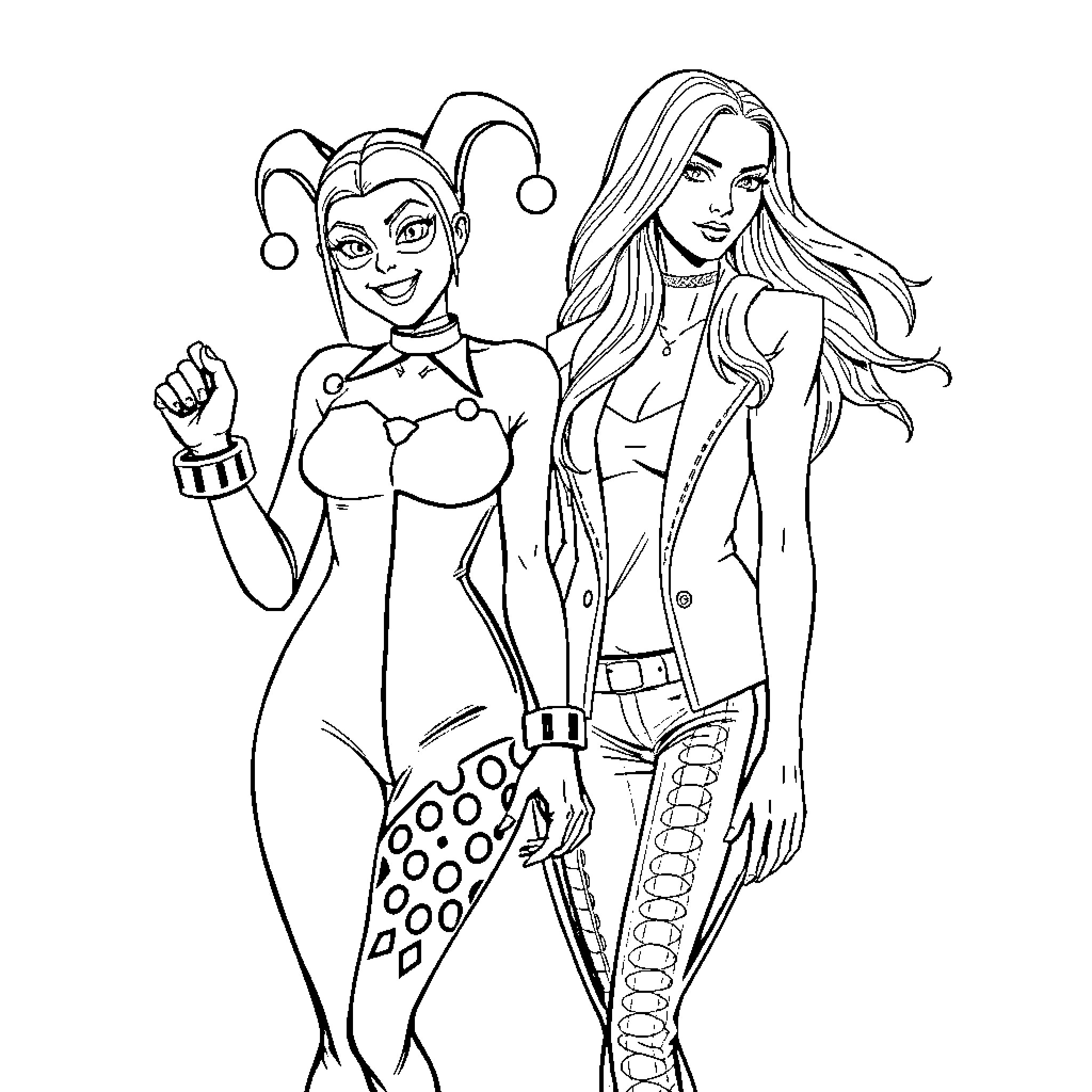 Harley Quinn and Poison Ivy Posing Together Coloring Page (free black-and-white line drawing printable PDF for all, from beginners to advanced learners, including children, teens, adults, and seniors)