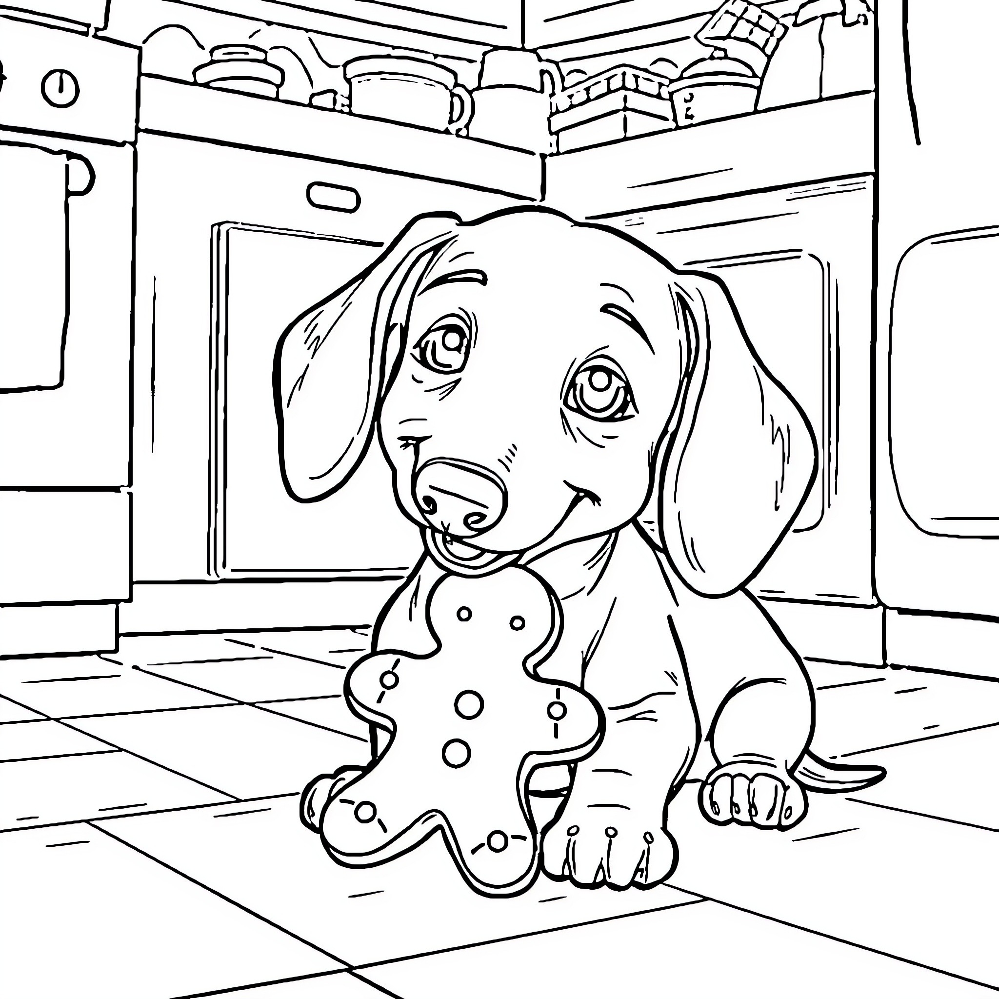 Dachshund playing with toy in kitchen Coloring Page (free black-and-white line drawing printable PDF for all, from beginners to advanced learners, including children, teens, adults, and seniors)