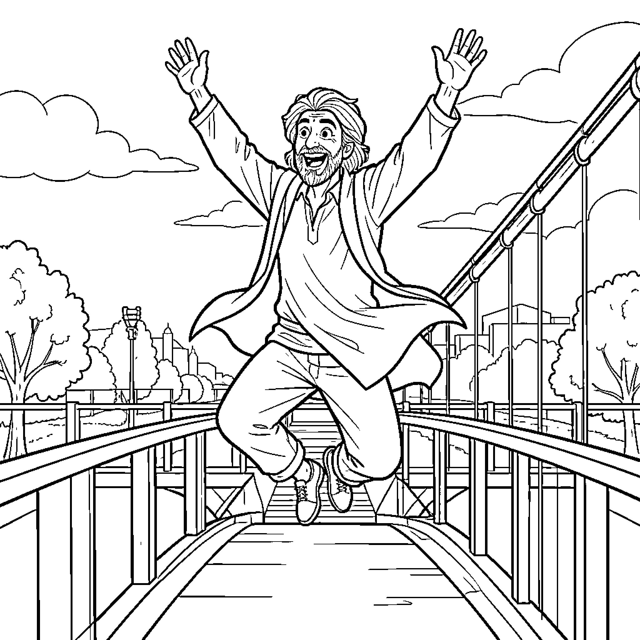 Rumi jumping joyfully on a bridge with arms raised Coloring Page (free black-and-white line drawing printable PDF for all, from beginners to advanced learners, including children, teens, adults, and seniors)