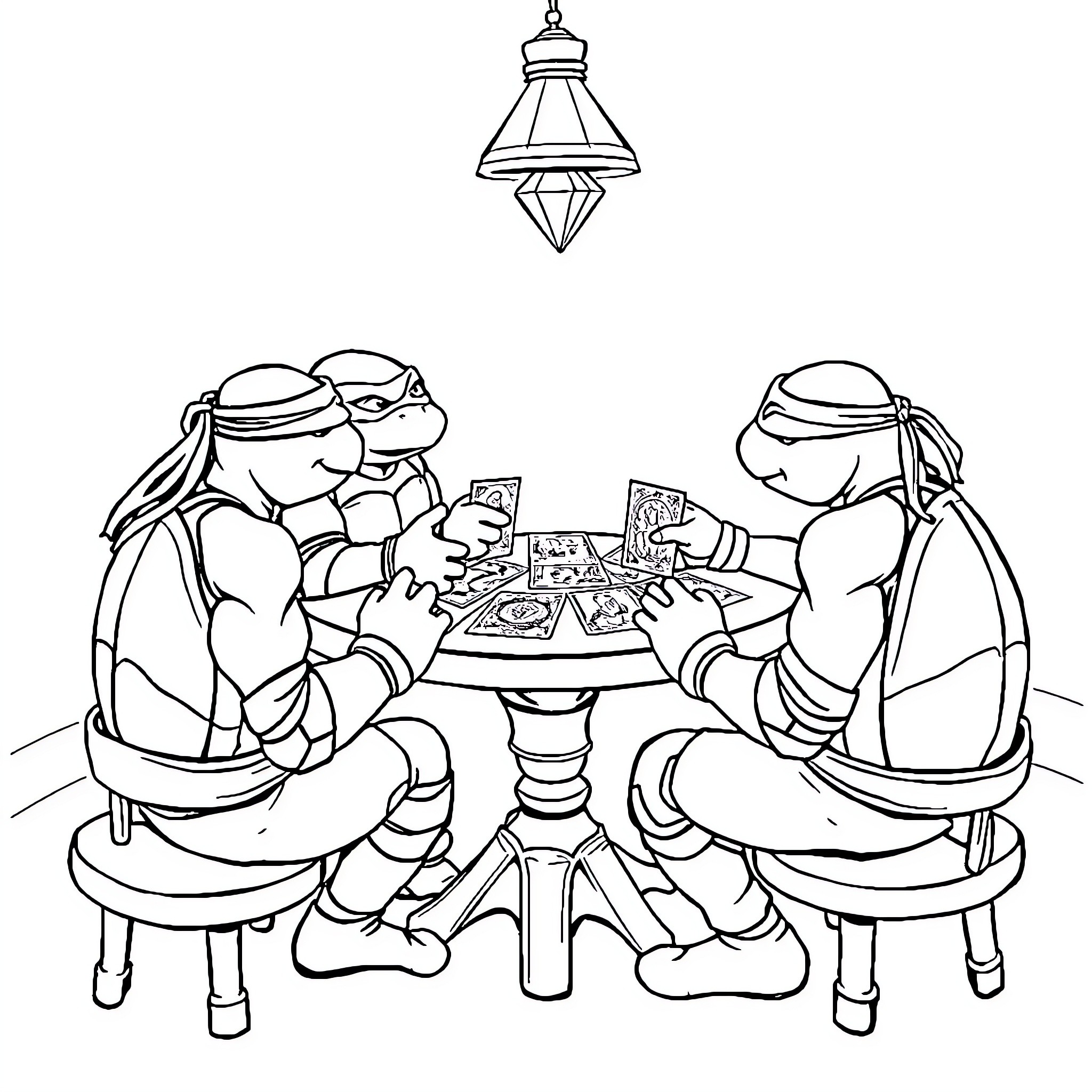 Ninja Turtles enjoying a cozy meal together Coloring Page (free black-and-white line drawing printable PDF for all, from beginners to advanced learners, including children, teens, adults, and seniors)