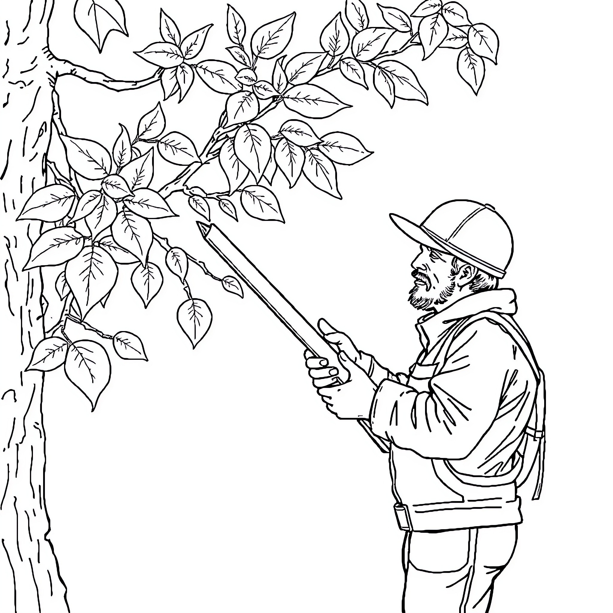 Sécateur: Gardener Pruning Branches in the Wilderness Coloring Page (free black-and-white line drawing printable PDF for all, from beginners to advanced learners, including children, teens, adults, and seniors)