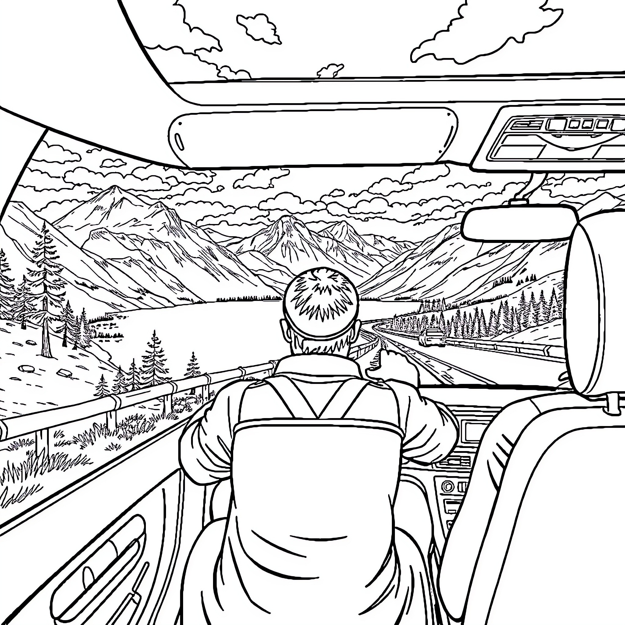 Master L3H2 Travels Through the Majestic Mountain Landscape Coloring Page (free black-and-white line drawing printable PDF for all, from beginners to advanced learners, including children, teens, adults, and seniors)