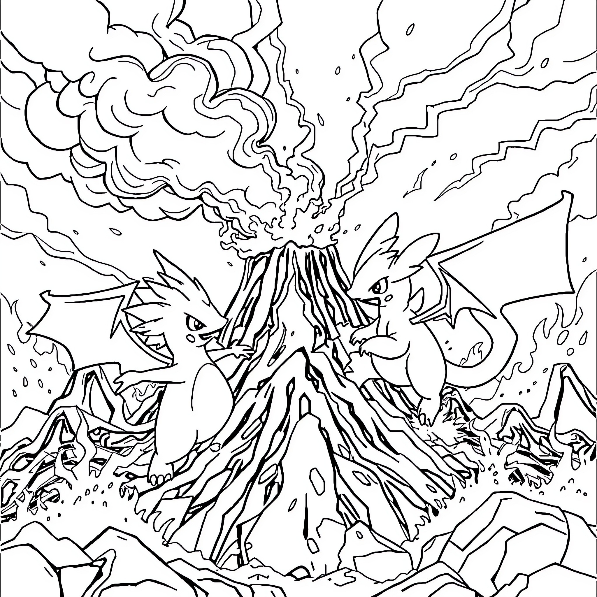 Pokémon erupting from a volcanic scene Coloring Page (free black-and-white line drawing printable PDF for all, from beginners to advanced learners, including children, teens, adults, and seniors)