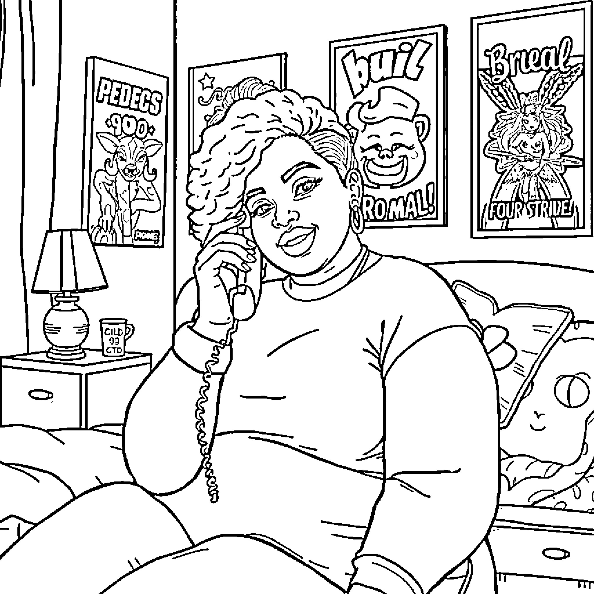 Girl speaking on a vintage phone in a retro bedroom Coloring Page (free black-and-white line drawing printable PDF for all, from beginners to advanced learners, including children, teens, adults, and seniors)