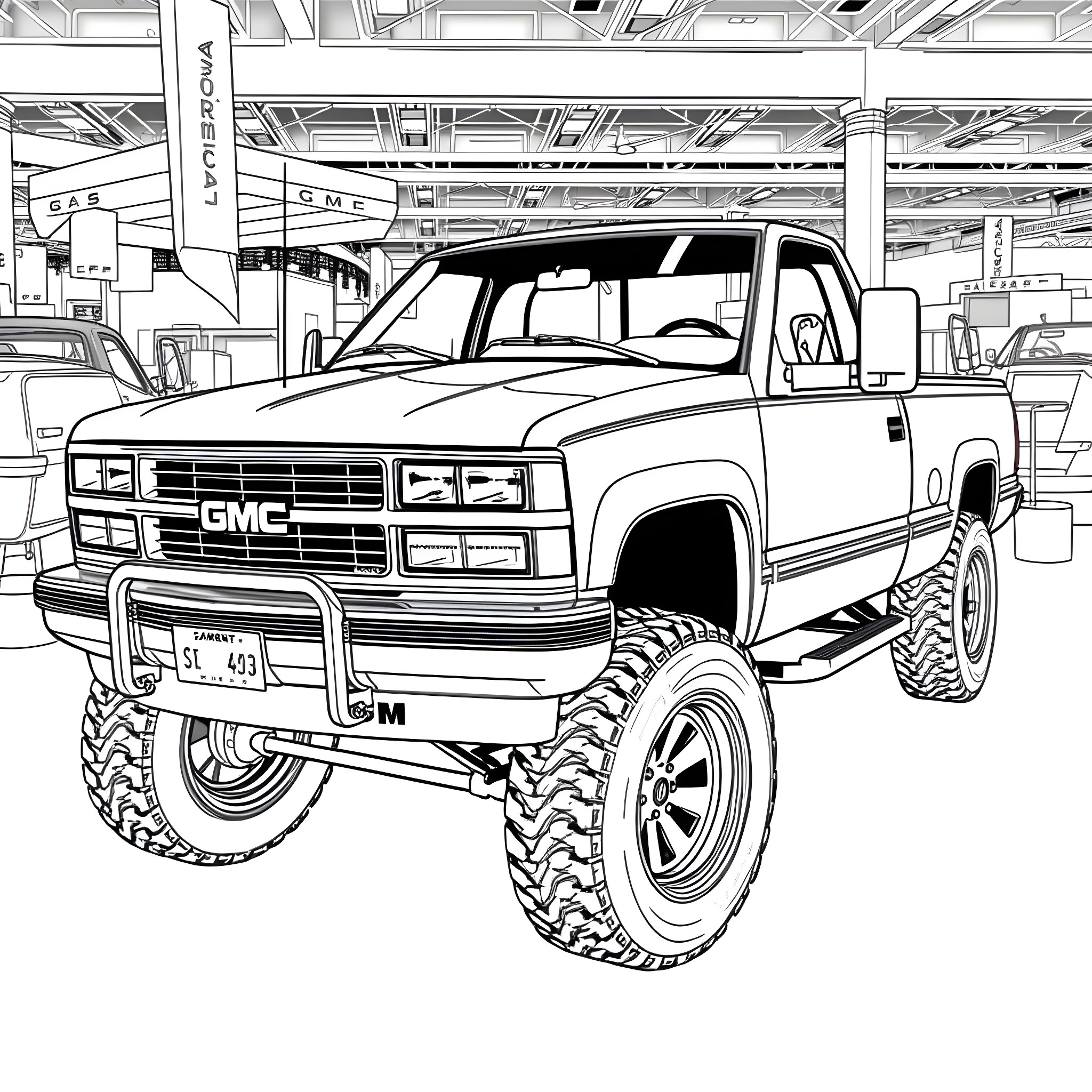 Truck with large off-road tires in a garage Coloring Page (free black-and-white line drawing printable PDF for all, from beginners to advanced learners, including children, teens, adults, and seniors)