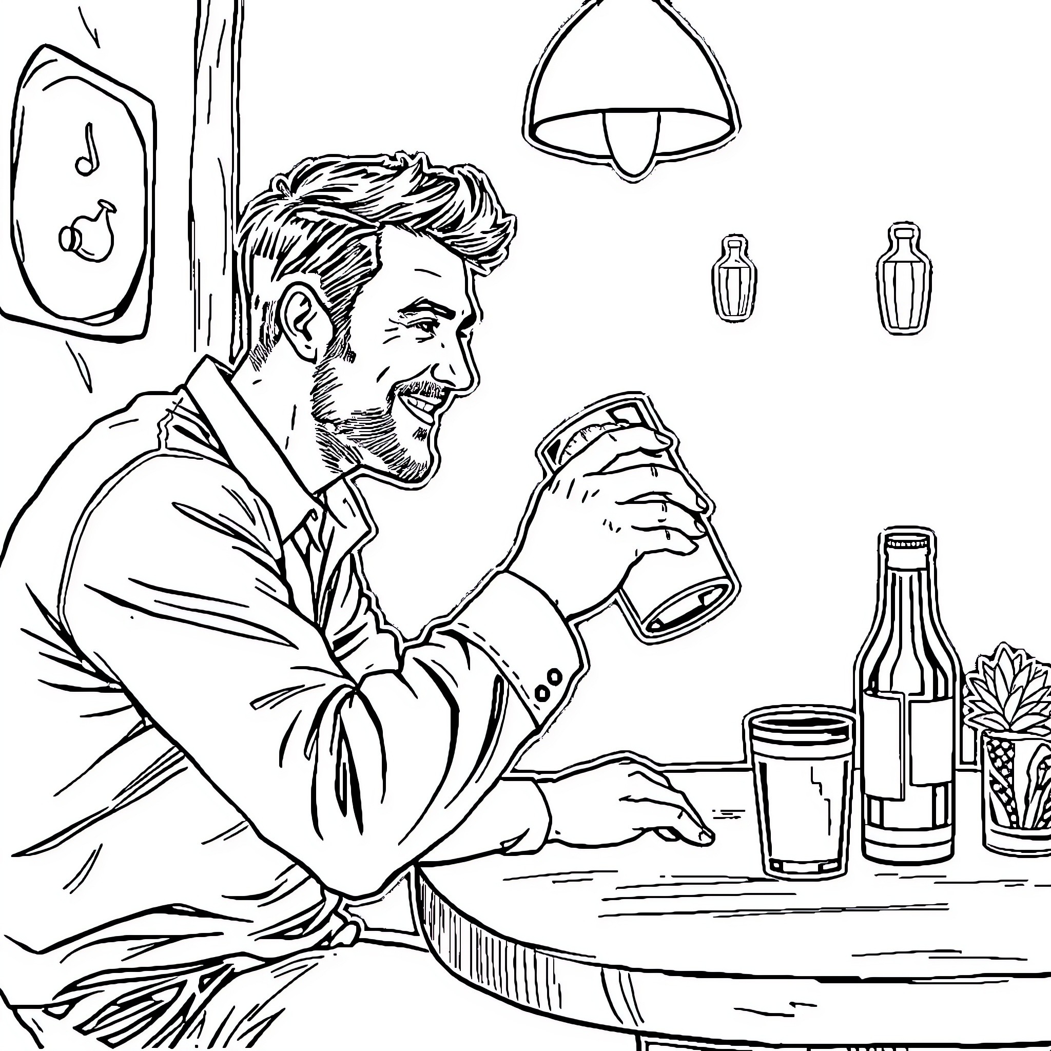 Man enjoying a drink at the bar Coloring Page (free black-and-white line drawing printable PDF for all, from beginners to advanced learners, including children, teens, adults, and seniors)