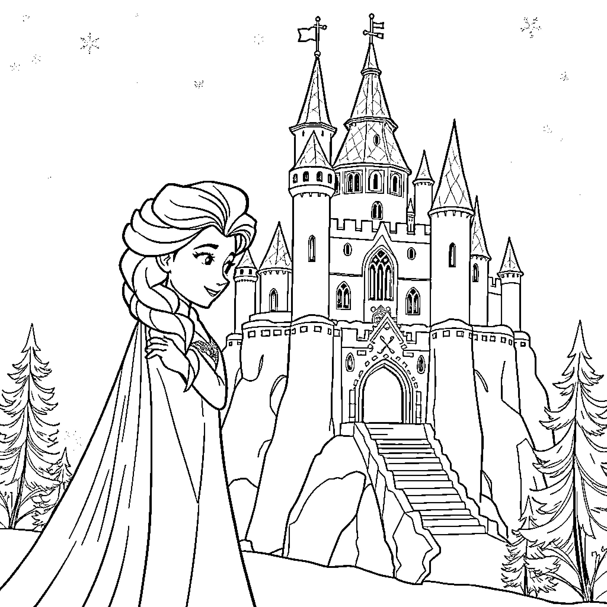 Elsa explores the magnificent castle in the snow Coloring Page (free black-and-white line drawing printable PDF for all, from beginners to advanced learners, including children, teens, adults, and seniors)
