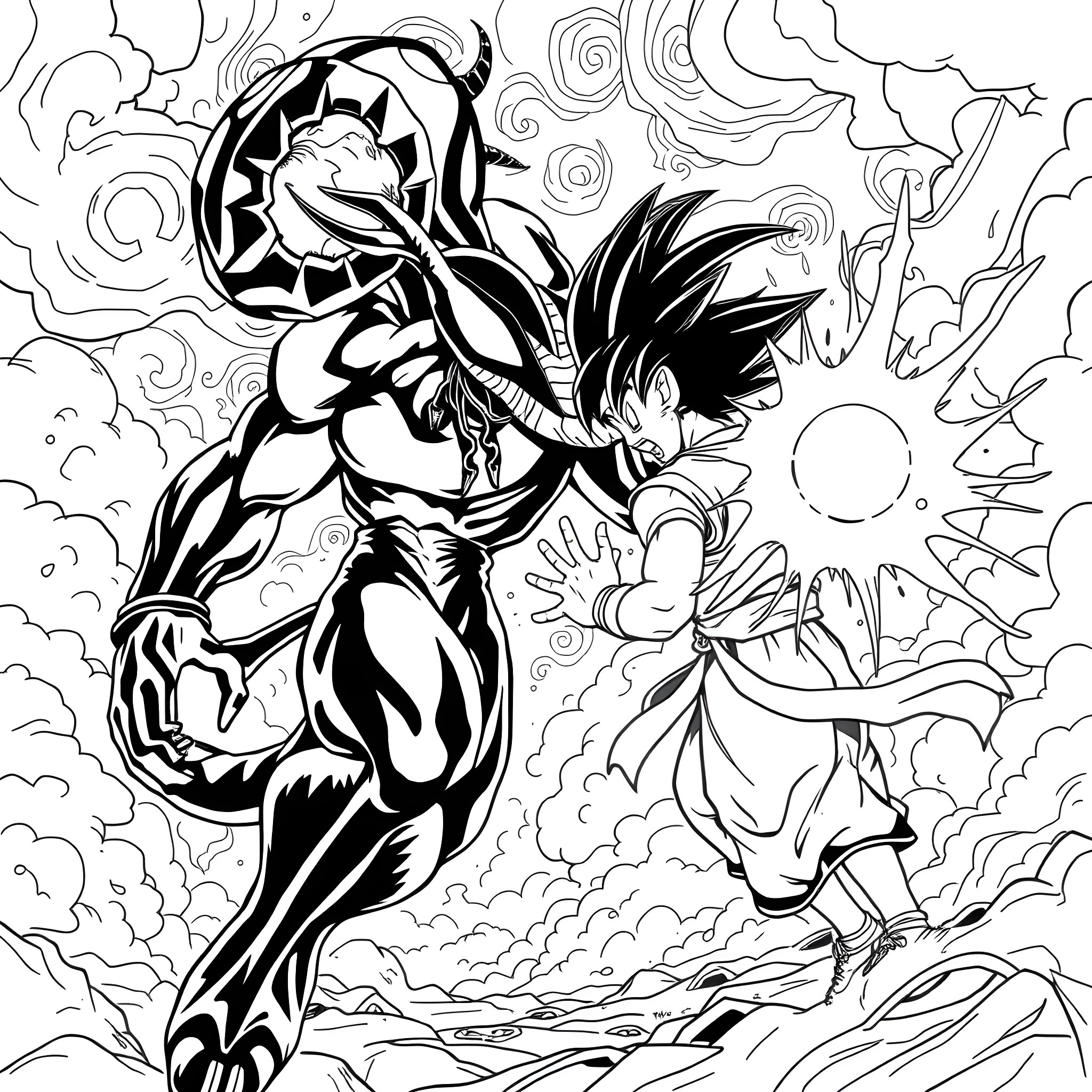 Venom vs. Goku - Intense Superhero Showdown Coloring Page (free black-and-white line drawing printable PDF for all, from beginners to advanced learners, including children, teens, adults, and seniors)