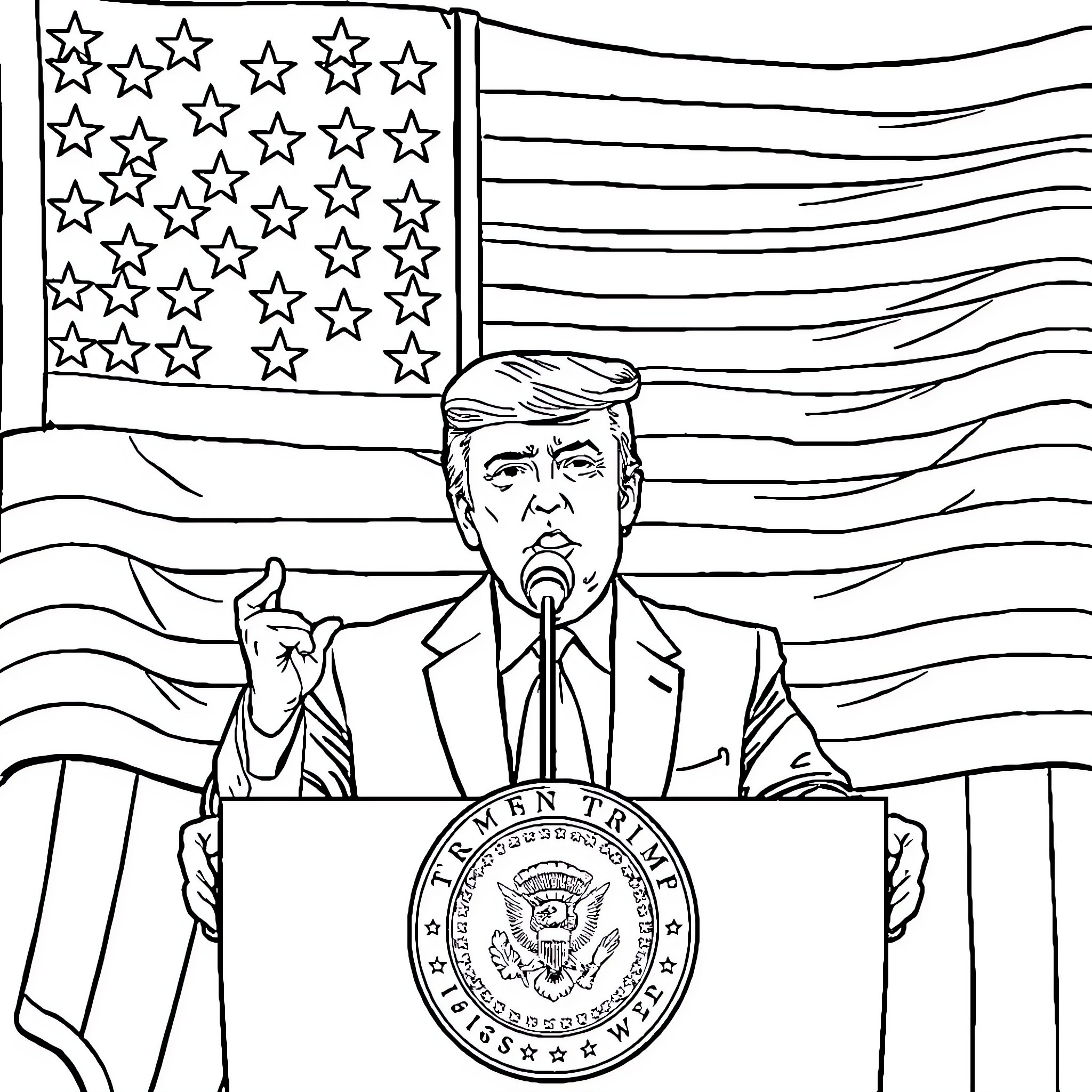 Trump speaking at podium before American flag Coloring Page (free black-and-white line drawing printable PDF for all, from beginners to advanced learners, including children, teens, adults, and seniors)