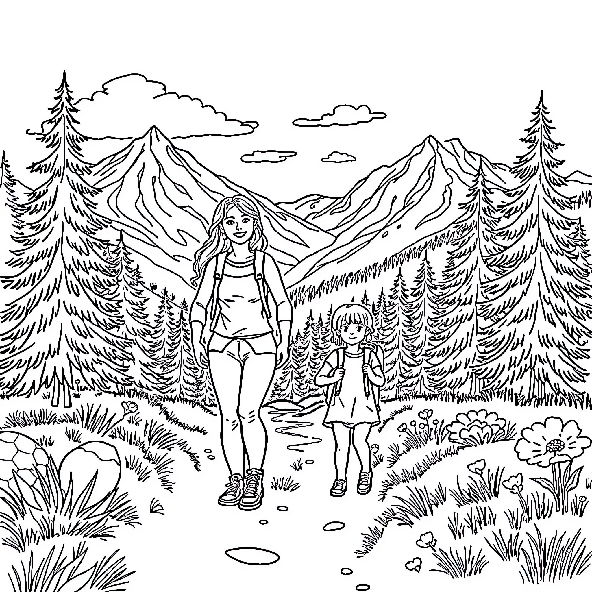 Woman hiking with child in mountain landscape Coloring Page (free black-and-white line drawing printable PDF for all, from beginners to advanced learners, including children, teens, adults, and seniors)