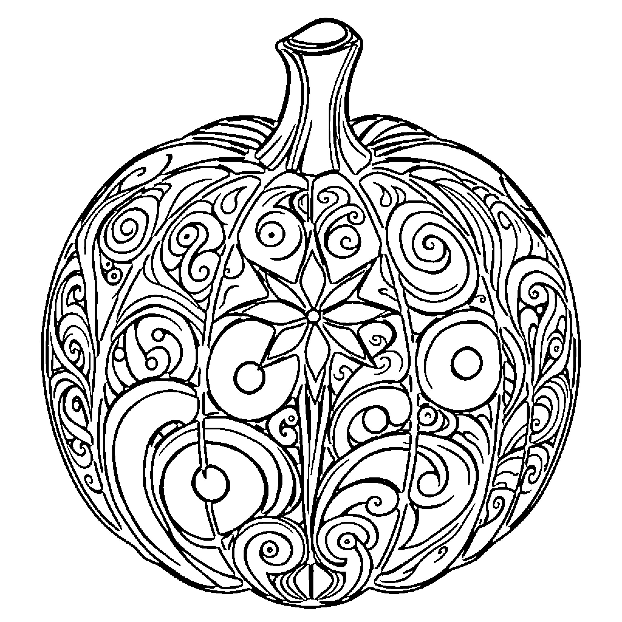 Pumpkin decorated with intricate patterns Coloring Page (free black-and-white line drawing printable PDF for all, from beginners to advanced learners, including children, teens, adults, and seniors)