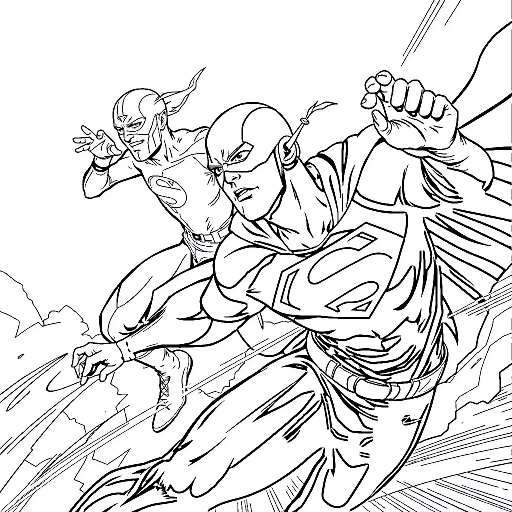 Flash of heroic action and battle Coloring Page (free black-and-white line drawing printable PDF for all, from beginners to advanced learners, including children, teens, adults, and seniors)